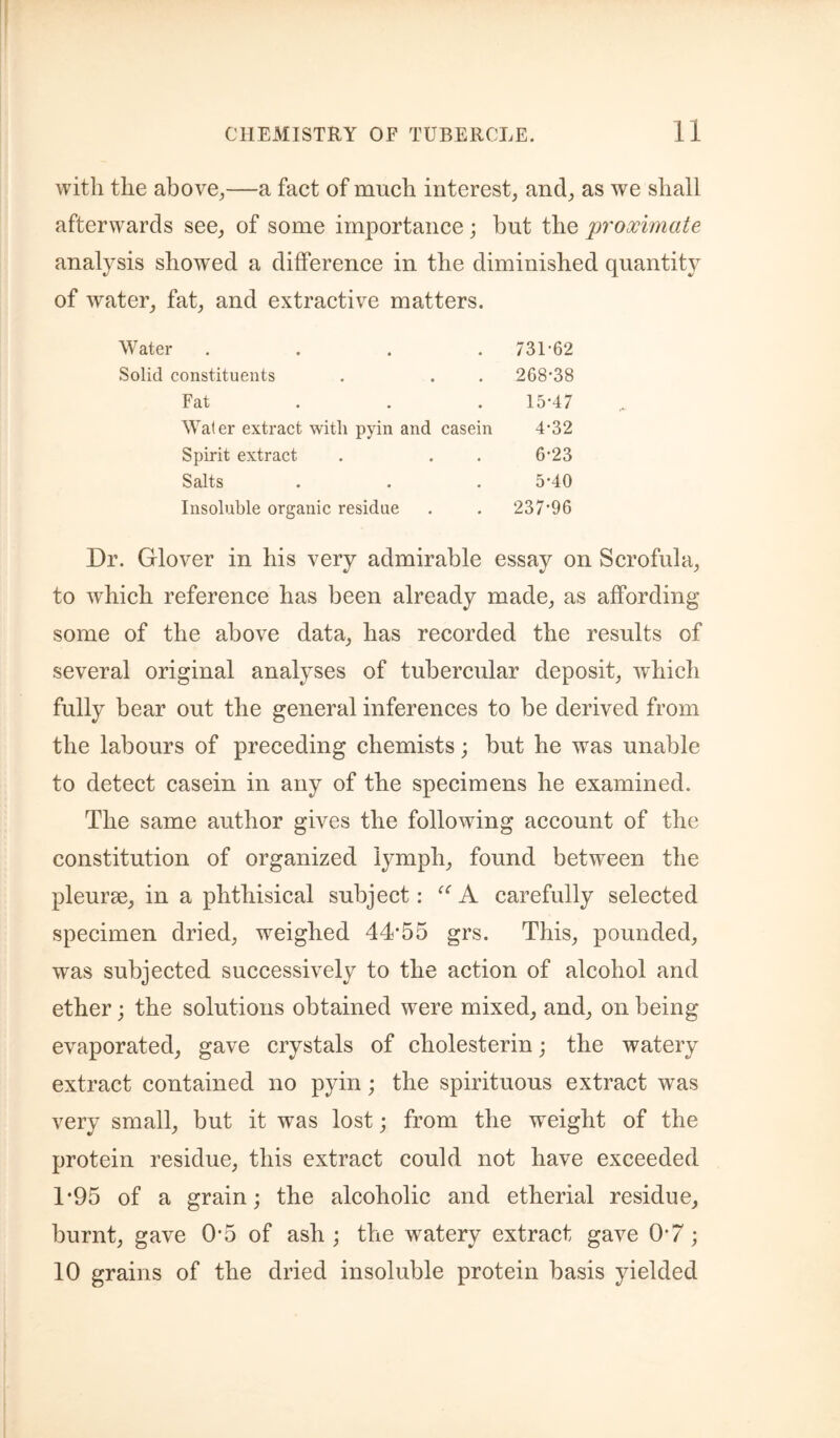 with the above,—a fact of much interest, and, as we shall afterwards see, of some importance; but the 'proximate analysis showed a difference in the diminished quantity of water, fat, and extractive matters. Water .... 731-62 Solid constituents 268-38 Fat 15-47 Water extract with pyin and casein 4-32 Spirit extract 6-23 Salts ... 5-40 Insoluble organic residue 237-96 Dr. Glover in his very admirable essay on Scrofula, to which reference has been already made, as affording some of the above data, has recorded the results of several original analyses of tubercular deposit, which fully bear out the general inferences to be derived from the labours of preceding chemists; but he was unable to detect casein in any of the specimens he examined. The same author gives the following account of the constitution of organized lymph, found between the pleurae, in a phthisical subject: carefully selected specimen dried, weighed 44*55 grs. This, pounded, was subjected successively to the action of alcohol and ether; the solutions obtained were mixed, and, on being evaporated, gave crystals of cholesterin; the watery extract contained no pyin; the spirituous extract was very small, but it was lost; from the weight of the protein residue, this extraet could not have exceeded 1*95 of a grain; the alcoholic and etherial residue, burnt, gave 0*5 of ash ; the watery extract gave 0*7; 10 grains of the dried insoluble protein basis yielded