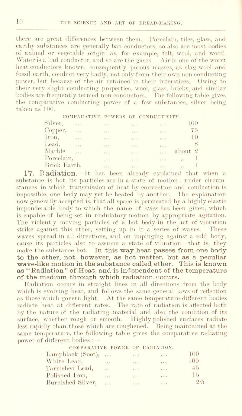 tlioi'P ;ir(' urciit (lilfcrciiccs lirtween tlicin. Porcelain, tiles, .iflass, and eartliy .snl)staiices are ii(‘iH'ralIy Oarl conductors, so also ai'e most lK)dies of animal or \e^(*tal)l(> orii^in, as, for (‘xamjtle, felt, wool, and wood. W'ater is a dad conductoi', and so an* tin* least's. ^\ir is om* of the wor.-t ii(*at conductors known, cons(*(|U(‘ntly porous mas.ses, as slai*' wool and fossil ('arth, conduct veiy hadly, not onlvfrom their own non conductinj^ pow(*r, hut h(‘caus(' of tin* air r('tained in their interstic<*s. ()wino to their vi-ry slight conducting j)ro])ei'tii*s, wool, glass, hi-icks, and similar hodi<‘s ar(* fre(|m*ntly ti'rmed non conductoi*s. The following table giv(*s the comjiarative conducting 2>oT‘r of a few substances, silver being takc'ii as 1 (lO. C'OMl'AUATIVE I'OWEIiS OF CONDl’CTIVITY. Silver, Co])per, Iron Lead 31arl Porcelain. Prick Earth, 17. Padiation.—It has sulrstance is hot, its i)articles 100 7 o 10 s about '2 1 been already ex])lained that when a- are in a state of motion : under circum stand's in which transmission of heat by con^•ection and conduction i?; imi)ossibl(‘, one body may yet be heat(*d by another. '1 he e.\])lanation now generally accepted is, that all space is permeated by a highly elastic imponderabh* body to which the name of ether has been gi\ en, which is capable of being set in undulatory motion by appropriate agitation. The \'iolently moving jjarticles of a hot body in the act of vil)ration strike against this (‘th(*r, setting up in it a si'iies of waves. These waves spr<*ad in all directions, and on impinging against a cold body, cause its particles also to assume a state of vibration—that is, they make the substance hot. In this way heat passes from one body to the other, not, however, as hot matter, but as a peculiar wave-like motion in the substance called ether. This is known as “ Radiation” of Heat, and is independent of the temperature of the medium through which radiation <'ccurs. Radiation occurs in straight line's in all directions from the* body which is (*vol\ ing lu'at, and follows the* same general laws of n'lh'ction as those* which gove'rn light. At the same t(*mp(*ratur(* dil!’e*r(*nt bodie's i-adiate h(*at at diti'en'iit i-ate's. The* rats of radiation is ath*ct(*d both by the* nature* eif the I’aeliating material anel ;dso the* e-eemlitieen of its surface*, whe*the*r rough eir smoeeth. 11 ighly polished surfeioes i-aeliate* l(*ss i*apiilly than theise* which are* re)Ughene*el. P>e*ing maintaineel at the* .sjimee te*mpe*ratur(*, the* feelleewing table* gices the* ceimparativee raelieiting peewe*r eef elill'e*re*nt. beeelie's : — COM I'AKATIVI Ijamphhiclc (Seeeet), \\'hite* Le*!iel, Tarnishe*el Lt'iiel, Pe)lishe*el Irem, I!urinshe*el Sil\e*r, I’OWElt OF UAielA' IN. 1(10 100 47) 17)