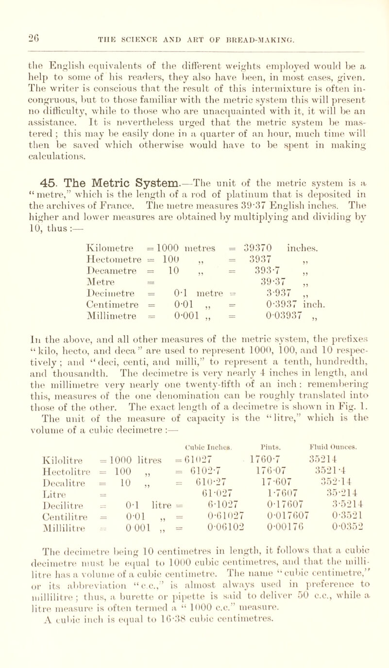 2G TIIH SCIKNCH AND AHT OF I!HKAl)-MAKIN(i. tlio Ein;lisli equivuUMits of tho difierent \veii;Iits (“mployed would Ije it help to some of his nsxdei's, they also have l)e(‘n, in most cases, qdven. The winter is conscious that the result of this intermixture is often iii- conj^ruous, hut to those familiar with the metric system this will present no ditticulty, while to those who are unacquainted with it, it will he an assistance. It is nevertheless urged that the nu'tric system he mas¬ tered ; this may he easily dom* in a quarter of an hour, much time will then he saved which otherwise would have to be spent in making calculations. 45. ThG Mstric System.—The unit of the metric system is a “metre,” which is the length of a rod of platinum that is dejiosited in the archives of France. The metre measures 39'37 English inches. The higher and lower measures are obtained by multiplying and dividing by 10, thus :— Kilometre = 1000 metres Hectometre = lOO ,, Decametre = 10 ,, INIetre = 1 )eci metre Centimetre ^Millimetre OT metre 0-01 „ 0-001 „ 39370 inches. 3937 393-7 39-37 3-937 0-3937 inch. 0-03937 In the above, and all other measures of the metric system, the pretixes “kilo, hecto, and deca ” are used to repre.sent 1000, 100, and 10 resjiec- tively ; and “ deci, centi, and milli,” to rejire.sent a tenth, hundredth, and thou.sandth. The decimetre is very nearly 4 inches in length, and tilt' millimetre very nearly one twenty-tifth of an inch : rememhering this, measun's of the one denomination can he roughly translated into those of the other. Tin* exact lengtli of a decimetre is shown in Fig. 1. The unit of the measure of caiiacity is the “litre,” which is the volume of a cubic decimetre :— Kilolitre lli'ctoliti-e I )ecalitre Ijitrt' I )ecilitr(‘ Centilitre .Millilitre Cubic Iiicbcs. Pints. Fluid Ounces. = 1000 litres =Gl(t27 = 100 „ = G102-7 = 10 „ = Gl(i-27 = G1-027 = 0-1 litre = ()-1027 = 0-01 „ = 0-()1027 0 001 „ = 0-0G102 17GO-7 17G-07 17 -G07 1 -7()(i7 0-17G07 0-017G07 0-0017(; 37)214 3.321-4 352-1 4 35-214 3-5214 0-3521 0-0352 The (h'cinH'tri' lieing 10 centimetres in length, it follows that a cubic d(*cimetr(‘ must he e(|Uiil to 1000 cubic ci-ntimetres, and that tlu* milli¬ litre has a volume of a cubic cmitimetre. The name “cubic cmitimetre,’' or its ahhrcvia-tion “c.c.,” is almo.st always used in prt'fertmce to millilitre; thus, a burette or pipette is said to fleliver oO c.c., while a litre m(*asur(* is often teiuH'd a “ 1000 c.c.” measurtb A cubic inch is e(|ual to 1G-.3S cidiic centimetres.