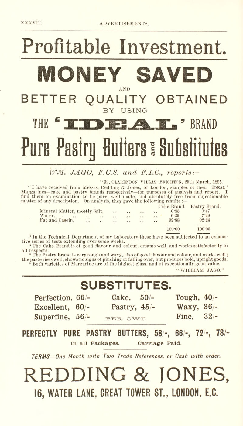 Profitable Investment. MONEY SAVED AXI> BETTER QUALITY OBTAINED BY USING THE ‘ -r-l-fc-m A -IT- ’ BRAND Pure Pastnj flutlers i Sutislitules WM. JAGO, F.C.S. and F.I.C., reports:- “ 32, Clarendon Villas, Brighton, 25tli Jtarch, 1895. “I have received from Messrs. Redding & .Tones, of London, samples of their ‘Ideal’ Margarines—cake and pastry hrands respectively—for purposes of analysis and report. I tlnd them on examination to he pure, veil made, and ahsolntely free from objectionable matter of any description. On analysis, they gave the following results Cake Brand. Pastry Brand. Mineral -Matter, mostly Salt, . 0-83 OAT Water,. 0-29 7-29 Fat and Casein, .. . .. .. .. 92'88 92'24 KHI-On 100-00 “ In the Technical Department of my Laboratory these have been subjected to an exhaus¬ tive series of tests extending over some weeks. “ The Cake Brand is of good flavour and colour, creams well, and works satisfactorily in all respects. “ The Pastry Brand is very tough and waxy, also of good flavour and colour, and works well; the paste rises well, shows no signs of pinching or falling over, but produces bold, upright goods. “Both varieties of Maigarine are of the highest class, and of exceptionally good value. “WILLIA.M .T.AGO.  SUBSTITUTES. Perfection, 66 - Cake, 50/- Excellent, 60/- Pastry, 45 - Superfine, 56 - fei?, cwt. Toug’h, 40/- Waxy, 36 - Fine, 32- PERFECTLY PURE PASTRY BUTFERS, 58 -, 66 -, 72 -, 78/- In all Packages. Carriage Paid. TERMS—One Month with Two Trade References, or Cash with order. REDDING & lONES, 16, WATER LANE, GREAT TOWER ST., LONDON, E.C.