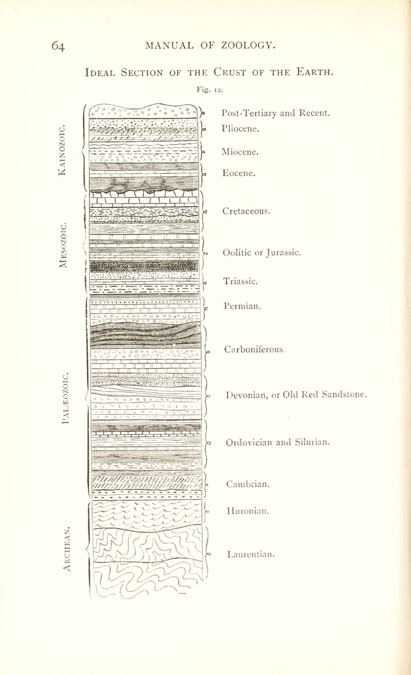 Ideal Section of the Crust of the Earth. Fig. 12. u O re O £ Post-Tertiary and Recent. Pliocene. Miocene. Eocene. v o Si (S'. Cretaceous. Oolitic or Jurassic. Triassic. Permian. d o Si C £ z w V Carboniferous. Devonian, or Old Red Sandstone. Ordovician and Silurian. Cambrian. Huronian. I.aurentian.