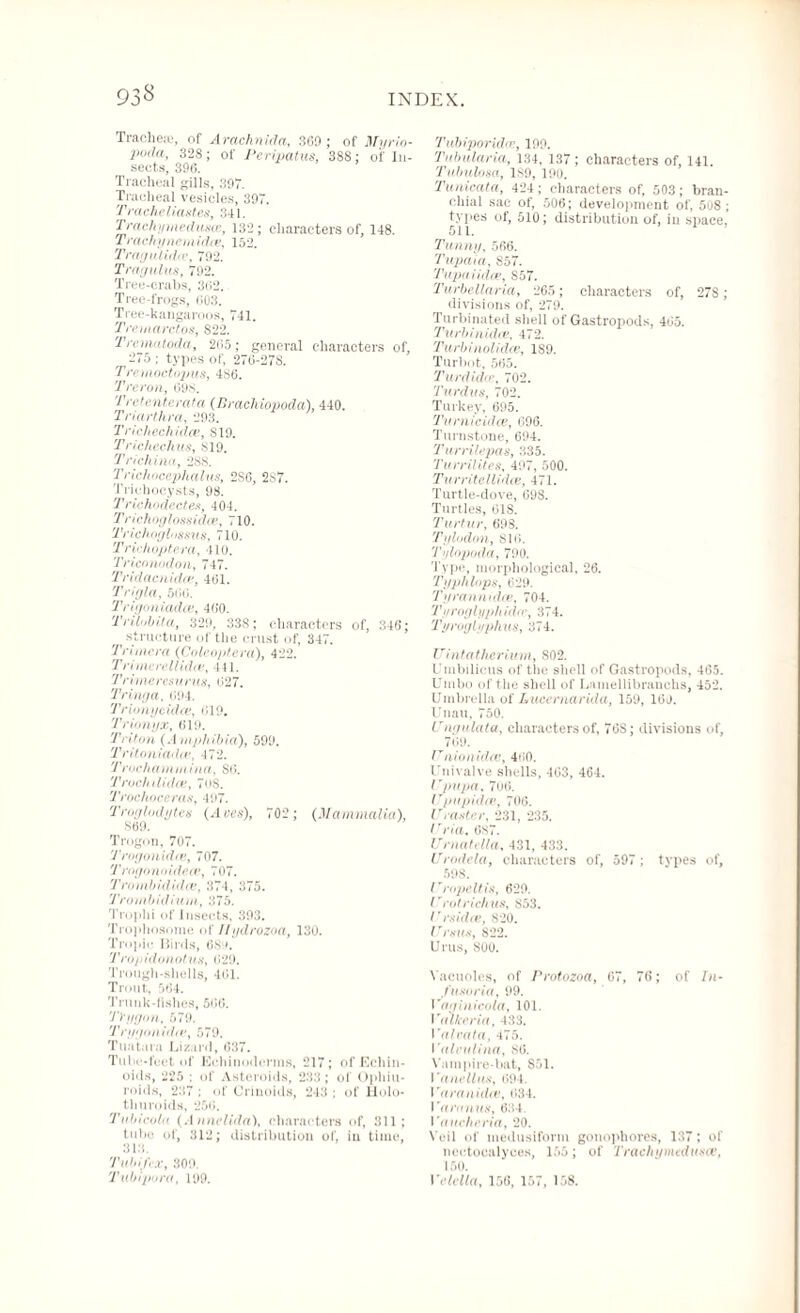 93S Tracheae, of Arachnida, 369 ; of Myrio- poda, 328; of Peripatus, 388; of In¬ sects, 396. Tracheal gills, 397. Tracheal vesicles, 397. TrachcHastes, 341. Trachymedustc, 132; characters of, 148. Trackynemidiv, 152. Tragulidce, 792. T rag ulus, 792. Tree-crabs, 362. Tree-frogs, 003. Tree-kangaroos, 741. Tremarctos, S22. Trematoda, 265 ; general characters of, 275: types of, 276-278. / remoctopus, 486. Treron, 698. Trctenterata (Bracliiopoda), 440. Tnarthra, 293. Trichechidce, 819. Trichechus, 819. Trick ina, 288. Trichoccphalus, 2S6, 287. Trichocysts, 98. Trichodectes, 404. Trichoglossidce, 710. Trichoglussus, 710. Trichoptera, 410. Triconodon, 747. Tridacnidrr, 461. Trigla, 566. Trigoniadce, 400. Tnlubita, 329, 33S; characters of, 346; structure of the crust of, 347. Trimera (Cole opt era), 422. Trimerellid.ee, 411. Trimeresurus, 627. Tringa, 694. Trinnycidce, 619. Trionyx, 619. Triton (.4 mphibia), 599. Tritoniadte, 472. Trochamuiina, S6. Trochilidce, 70S. Trochoceras, 497. Troglodytes (Aoes), 702 ; (Mammalia), S69. Trogon, 707. Trogonidm, 707. Trogonoidece, 707. Trombidid.cn, 374, 375. Tronibidium, 375. Troplii of Insects, 393. Trophosome of Ilydrozoa, 130. Tropic Birds, 68:1.' Tropidonotus, 629. Trough-shells, 461. Trout, 564. Trunk-fishes, 566. Ttrygon, 579. Trygonidiv, 579. Tuatara Lizard, 637. Tulic-feet of Echinoderms, 217; of Eehin- oiits, 225 : of Asteroids, 233 ; of Ophiu- roids, 237 : of Criuoids, 243 ; of Holo- thuroids, 256. Tubicola (Annelida), characters of, 311; tube of, 312; distribution of, in time, 313. Tubifex, 309. Tubipora, 199. Tubiporidm, 199. Tubularia, 134, 137 ; characters of, 141. Tubulosa, 189, 190. Tunicata, 424 ; characters of, 503 ; bran¬ chial sac of, 506 ; development of, 508 ; types of, 510; distribution of, in space, 511. 1 Tunny, 566. Tupaia, S57. Tupaiidce, S57. Turbellaria, 265 ; characters of, 278 ; divisions of, 279. Turbinated shell of Gastropods, 465. Turbinidce, 472. Turbinolidce, 1S9. Turbot, 565. Turdido’, 702. Tardus, 702. Turkey, 695. Tumicidce, 696. Turnstone, 694. Turrilepas, 335. Turrilites, 497, 500. Turritellidce, 471. Turtle-dove, 69S. Turtles, 618. Tartar, 69S. Tylodon, 816. Tylopoda, 790. Type, morphological, 26. Typhlops, 629. Tyrannidce, 704. Ti/roglypliidce, 374. Tyroglyplms, 374. XT\intatherm m, S02. Umbilicus of the shell of Gastropods, 465. Umbo of the shell of Lamellibranchs, 452. Umbrella of Lucernarida, 159, 160. Unau, 750. Ungulata, characters of, 76S; divisions of, 769. Pnionidce, 460. Univalve shells, 463, 464. Ppupa, 7u0. Ppupidee, 706. IT raster, 231, 235. Pria, 687. Urnatclta. 431, 433. ITrodela, characters of, 597 ; types of, 598. Prupeltis, 629. Protrichus, 853. Prsidce, S20. Prsus, 822. Urns, S00. Vacuoles, of Protozoa, 67, 76; of In¬ fusoria, 99. Vaginicola, 101. Valkeria, 433. Vat rata, 475. I 'alvulina, 86. Vampire-bat, 851. I 'anellus, 691. Varanidce, 634. i 'arn 11 us, 684. Vaucheria, 20. Veil of medusiform gonophores, 137; of nectocalyces, 155; of Trachymedusat, 150. I ’clella, 156, 157, 158.