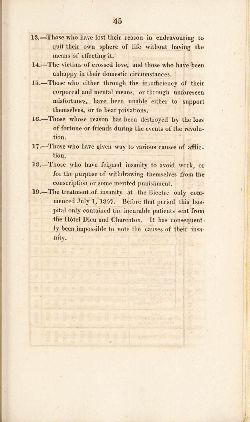 13. —Those who have lost their reason in endeavouring to quit their own sphere of life without having the means of effecting it. 14. —The victims of crossed love, and those who have been unhappy in their domestic circumstances. 15. —Those who either through the insufficiency of their corporeal and mental means, or through unforeseen misfortunes, have been unable either to support themselves, or to bear privations. 16. —Those whose reason has been destroyed by the loss of fortune or friends during the events of the revolu¬ tion. 17. —Those who have given way to various causes of afflic¬ tion, 18. —Those who have feigned insanity to avoid work, or for the purpose of withdrawing themselves from the conscription or some merited punishment. 19. —The treatment of insanity at the Bicetre only com¬ menced July l, 1807. Before that period this hos¬ pital only contained the incurable patients sent from the Hôtel Dieu and Charenton. It has consequent¬ ly been impossible to note the causes of their insa¬ nity.