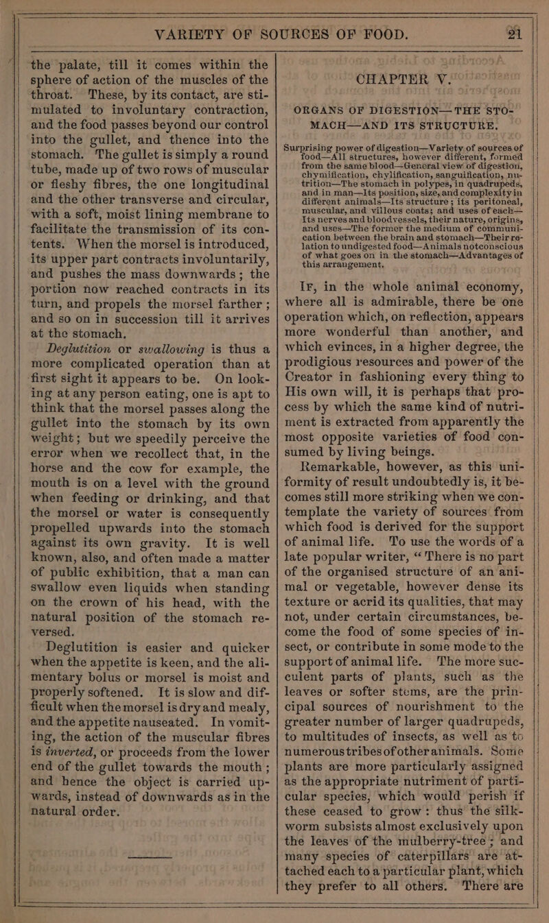 the palate, till it comes within the sphere of action of the muscles of the throat. These, by its contact, are sti- mulated to involuntary contraction, and the food passes beyond our control into the gullet, and thence into the stomach. The gullet is simply a round tube, made up of two rows of muscular or fleshy fibres, the one longitudinal and the other transverse and circular, with a soft, moist lining membrane to facilitate the transmission of its con- tents. When the morsel is introduced, its upper part contracts involuntarily, and pushes the mass downwards; the portion now reached contracts in its turn, and propels the morsel farther ; and so on in succession till it arrives at the stomach. Degilutition or swallowing is thus a more complicated operation than at On look- ing at any person eating, one is apt to think that the morsel passes along the gullet into the stomach by its own weight; but we speedily perceive the error when we recollect that, in the horse and the cow for example, the mouth is on a level with the ground when feeding or drinking, and that the morsel or water is consequently propelled upwards into the stomach against its own gravity. It is well known, also, and often made a matter of public exhibition, that a man can swallow even liquids when standing on the crown of his head, with the natural position of the stomach re- versed. Deglutition is easier and quicker when the appetite is keen, and the ali- mentary bolus or morsel is moist and properly softened. It is slow and dif- ficult when the morsel is dry and mealy, and the appetite nauseated. In vomit- ing, the action of the muscular fibres is inverted, or proceeds from the lower end of the gullet towards the mouth ; and hence the object is carried up- wards, instead of downwards as in the natural order. CHAPTER V.° ORGANS OF DIGESTION— THE STO- MACH—AND ITS STRUCTURE. Surprising power of digestion—Variety of sources of food—AllI structures, however different, formed from the same blood—General view of digestion, chymification, chylification, sanguification, nu- trition—Tke stomach in polypes, in quadrupeds, and in man—lts position, size, and complexity in different animals—lIts structure; its peritoneal, muscular, and villous coats; and uses of each— Its nerves and bloodvessels, their nature, origins, and uses—The former the medium of communi- cation between the brain and stomach—Their re- lation to undigested food—Animals notconscious of what goes on in the stomath—Advantages of this arrangement, If, in the whole animal economy, where all is admirable, there be one operation which, on reflection, appears more wonderful than another, and which evinces, in a higher degree, the prodigious resources and power of the Creator in fashioning every thing to His own will, it is perhaps that pro- cess by which the same kind of nutri- ment is extracted from apparently the sumed by living beings. Remarkable, however, as this uni- formity of result undoubtedly is, it be- comes still more striking when we con- template the variety of sources from which food is derived for the support of animal life. To use the words of a late popular writer, “There is no part of the organised structure of an ani- mal or vegetable, however dense its texture or acrid its qualities, that may not, under certain circumstances, be- come the food of some species of in- sect, or contribute in some mode to the support of animal life. The more suc- culent parts of plants, such as the leaves or softer stems, are the prin- cipal sources of nourishment to the greater number of larger quadrupeds, to multitudes of insects, as well as to numerous tribesofotheranimals. Some plants are more particularly assigned as the appropriate nutriment of parti- cular species, which would perish if these ceased to grow: thus the silk- worm subsists almost exclusively upon the leaves of the mulberry-tree ; and many species of caterpillars are at- tached each to a particular plant, which they prefer to all others. There are