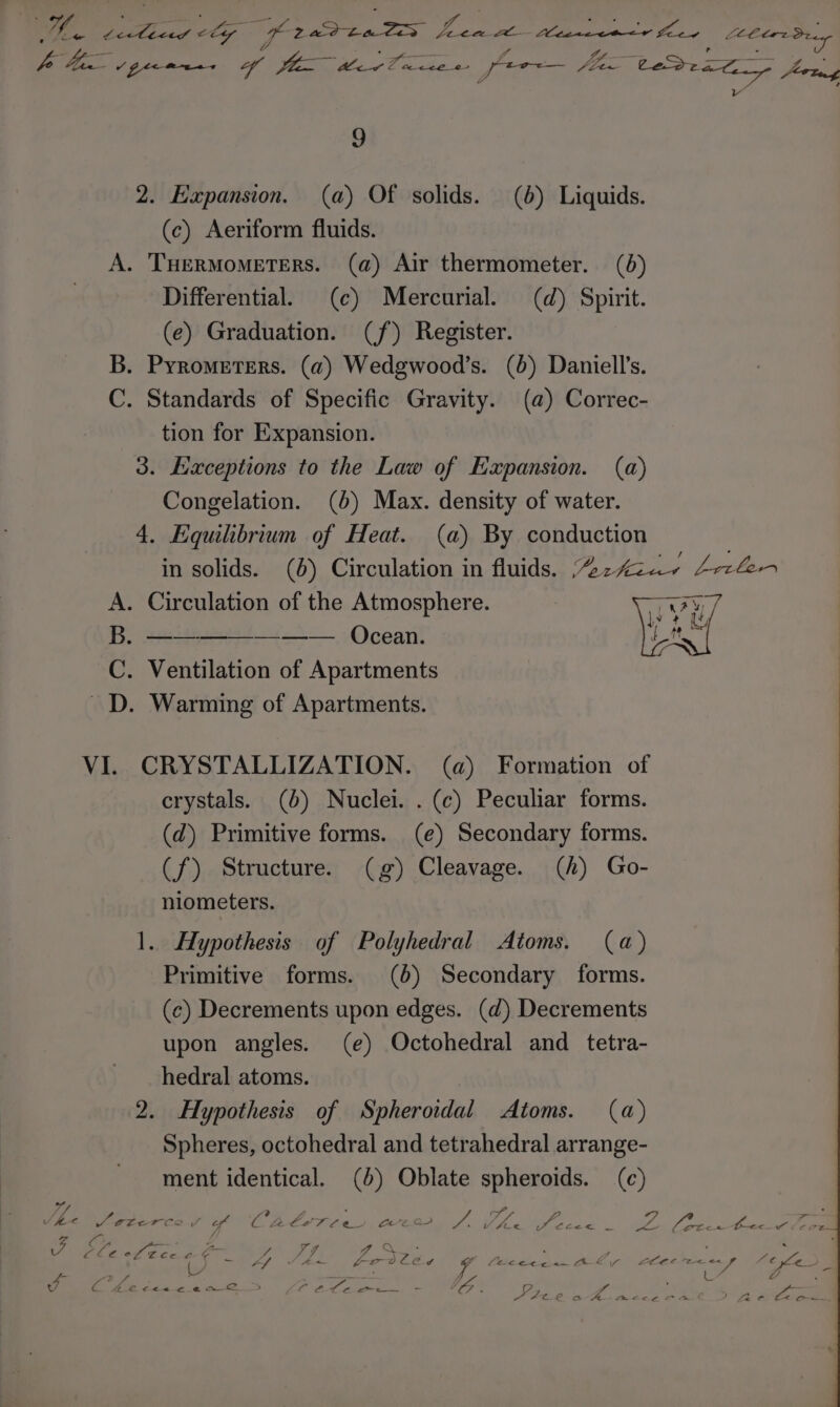 WR eer ety frat tat Pe OE RE : — e . ft Ls . wis fo i aa eee ee oi Ve Ben eee, ee Y shri are Pim Cease. foo Avwg or YY ’ 9 2. Expansion. (a) Of solids. (6) Liquids. (c) Aeriform fluids. A. THERMOMETERS. (a) Air thermometer. (0) Differential. (¢) Mercurial. (qd) Spirit. (e) Graduation. (f) Register. B. Pyrometers. (a) Wedgwood’s. (0) Daniell’s. C. Standards of Specific Gravity. (a) Correc- tion for Expansion. 3. Lixceptions to the Law of Expansion. (a) Congelation. (5) Max. density of water. 4. Equilbrium of Heat. (a) By conduction in solids. (6) Circulation in fluids. 2242.7 424-4 A. Circulation of the Atmosphere. i il 3 B. isa a I Ocean. ys C. Ventilation of Apartments DD. Warming of Apartments. VI. CRYSTALLIZATION. (a) Formation of crystals. (6) Nuclei. . (¢) Peculiar forms. (d) Primitive forms. (e) Secondary forms. (f) Structure. (g) Cleavage. (h) Go- niometers. 1. Hypothesis of Polyhedral Atoms. (a) Primitive forms. (6) Secondary forms. (c) Decrements upon edges. (d) Decrements upon angles. (e) Octohedral and tetra- hedral atoms. 2. Hypothesis of Spheroidal Atoms. (a) Spheres, octohedral and tetrahedral arrange- ment identical. (4) Oblate spheroids. (ce) ~ / : Se Des | wr Vv {x Sete C2 / Gg e Alo Tei)! Cee vA ; ve ee ee i med foe ee ee ike rao LON tee pale c ; ile ' oie vi V4 ia = 7 : eee 2 a = +f iP oe -- z2- oO Ze g 7 Le Celet oka oe Zur LOE SC b> ve -—- L€ 6.3 a a > f : : es a ‘ C Cee ee Onn yee CO wo FEL rahe a ae fae © RE