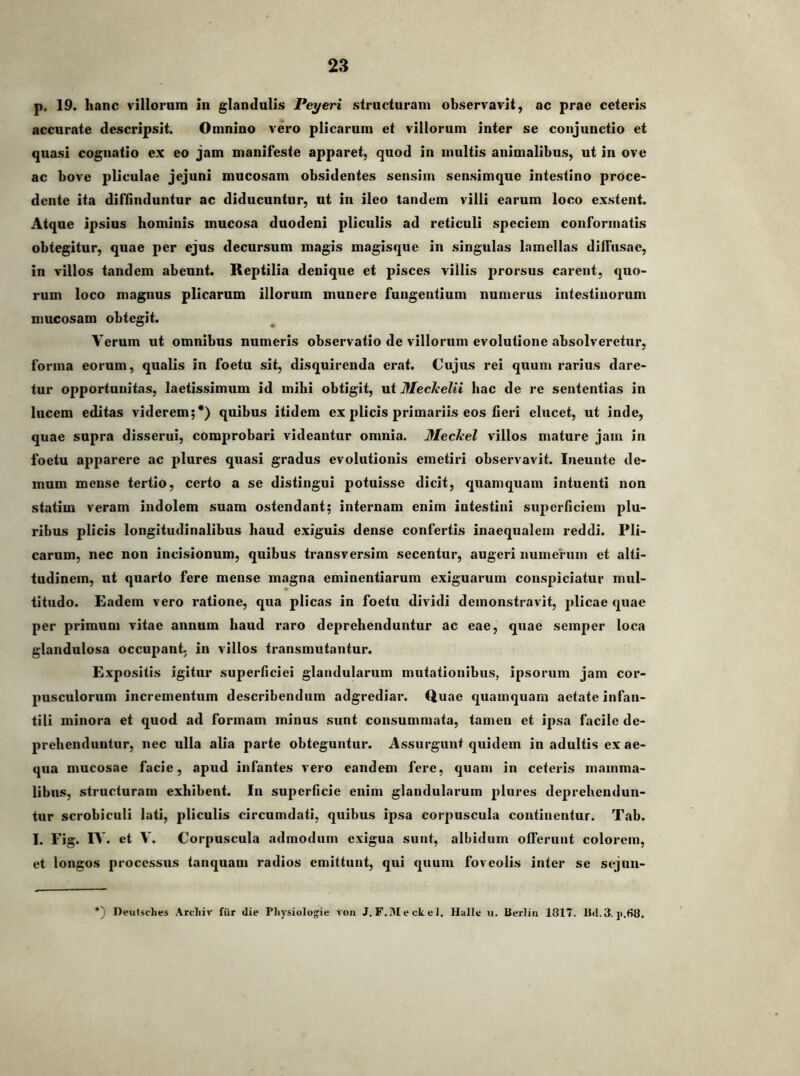 p. 19. hanc villorum in glandulis Peyeri structuram observavit, ac prae ceteris accurate descripsit. Omnino vero plicarum et villorum inter se conjunctio et quasi cognatio ex eo jam manifeste apparet, quod in multis animalibus, ut in ove ac bove pliculae jejuni mucosam obsidentes sensim sensimque intestino proce- dente ita diffinduntur ac diducuntur, ut in ileo tandem villi earum loco exstent. Atque ipsius hominis mucosa duodeni pliculis ad reticuli speciem conformatis obtegitur, quae per ejus decursum magis magisque in singulas lamellas diffusae, in villos tandem abeunt. Reptilia denique et pisces villis prorsus carent, quo- rum loco magnus plicarum illorum munere fungentium numerus intestinorum mucosam obtegit. Verum ut omnibus numeris observatio de villorum evolutione absolveretur, forma eorum, qualis in foetu sit, disquirenda erat. Cujus rei quum rarius dare- tur opportunitas, laetissimum id mihi obtigit, ut Meckelii hac de re sententias in lucem editas viderem;*) quibus itidem ex plicis primariis eos fieri elucet, ut inde, quae supra disserui, comprobari videantur omnia. Mechel villos mature jam in foetu apparere ac plures quasi gradus evolutionis emetiri observavit. Ineuntc de- mum mense tertio, certo a se distingui potuisse dicit, quamquam intuenti non statim veram indolem suam ostendant; internam enim intestini superficiem plu- ribus plicis longitudinalibus haud exiguis dense confertis inaequalem reddi. Pli- carum, nec non incisionum, quibus transversim secentur, augeri numerum et alti- tudinem, ut quarto fere mense magna eminentiarum exiguarum conspiciatur mul- titudo. Eadem vero ratione, qua plicas in foetu dividi demonstravit, plicae quae per primum vitae annum haud raro deprehenduntur ac eae, quae semper loca glandulosa occupant, in villos transmutantur. Expositis igitur superficiei glandularum mutationibus, ipsorum jam cor- pusculorum incrementum describendum adgrediar. Quae quamquam aetate infan- tili minora et quod ad formam minus sunt consummata, tamen et ipsa facile de- prehenduntur, nec ulla alia parte obteguntur. Assurgunt quidem in adultis ex ae- qua mucosae facie, apud infantes vero eandem fere, quam in celeris mamma- libus, structuram exhibent. In superficie enim glandularum plures deprehendun- tur scrobiculi lati, pliculis circumdati, quibus ipsa corpuscula continentur. Tab. I. Fig. IV. et V. Corpuscula admodum exigua sunt, albidum offerunt colorem, et longos processus tanquam radios emittunt, qui quum foveolis inter se sejun- *) Deulsclies Arcliiv fiir die Piiysiologie von J. F.IM e ck e i. Halle u. Uerlin 1817. Ud.3. j>.68.