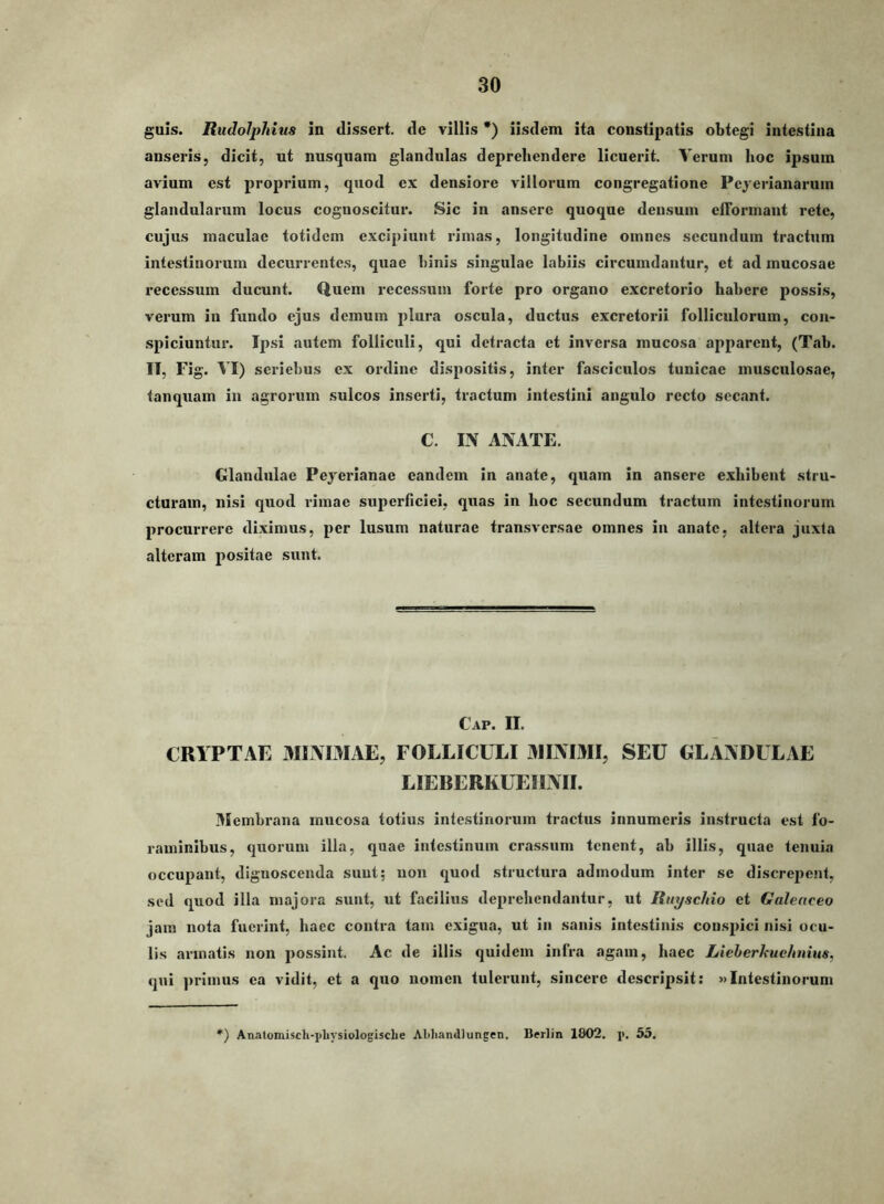 guis. RudolpMus in dissert. de villis *) iisdem ita constipatis obtegi intestina anseris, dicit, ut nusquam glandulas deprehendere licuerit. Verum hoc ipsum avium est proprium, quod ex densiore villorum congregatione Pcyerianarum glandularum locus cognoscitur. Sic in ansere quoque densum ciFormant rete, cujus maculae totidem excipiunt rimas, longitudine omnes secundum tractum intestinorum decurrentes, quae binis singulae labiis circumdantur, et ad mucosae recessum ducunt. Quem recessum forte pro organo excretorio habere possis, verum in fundo ejus demum plura oscula, ductus excretorii folliculorum, con- spiciuntur. Ipsi autem folliculi, qui detracta et inversa mucosa apparent, (Tab. IT, Fig. VI) seriebus ex ordine dispositis, inter fasciculos tunicae musculosae, tanquam in agrorum sulcos inserti, tractum intestini angulo recto secant. C. IN ANATE. Glandulae Peyerianae eandem in anate, quam in ansere exhibent stru- cturam, nisi quod rimae superficiei, quas in hoc secundum tractum intestinorum procurrere diximus, per lusum naturae transversae omnes in anate, altera juxta alteram positae sunt. Cap. II. CRYPTAE 3IINI^IAE, FOLLICULI 31L\IMI, SEU GLAIVDULAE LIEBERKUEILMI. Membrana mucosa totius intestinorum tractus innumeris instructa est fo- raminibus, quorum illa, quae intestinum crassum tenent, ab illis, quae tenuia occupant, dignoscenda suut; non quod structura admodum inter se discrepent, sed quod illa majora sunt, ut facilius deprehendantur, ut Rnyscldo et Galeaceo jam nota fuerint, haec contra tam exigua, ut in .sanis intestinis conspici nisi ocu- lis armatis non possint. Ac de illis quidem infra agam, haec Jjieherhuehnius, qui primus ea vidit, et a quo nomen tulerunt, sincere descripsit: »Intestinorum ') Anatomiscli-physiologisclie Abliandlungen. Berlin 1802. i>. 35.