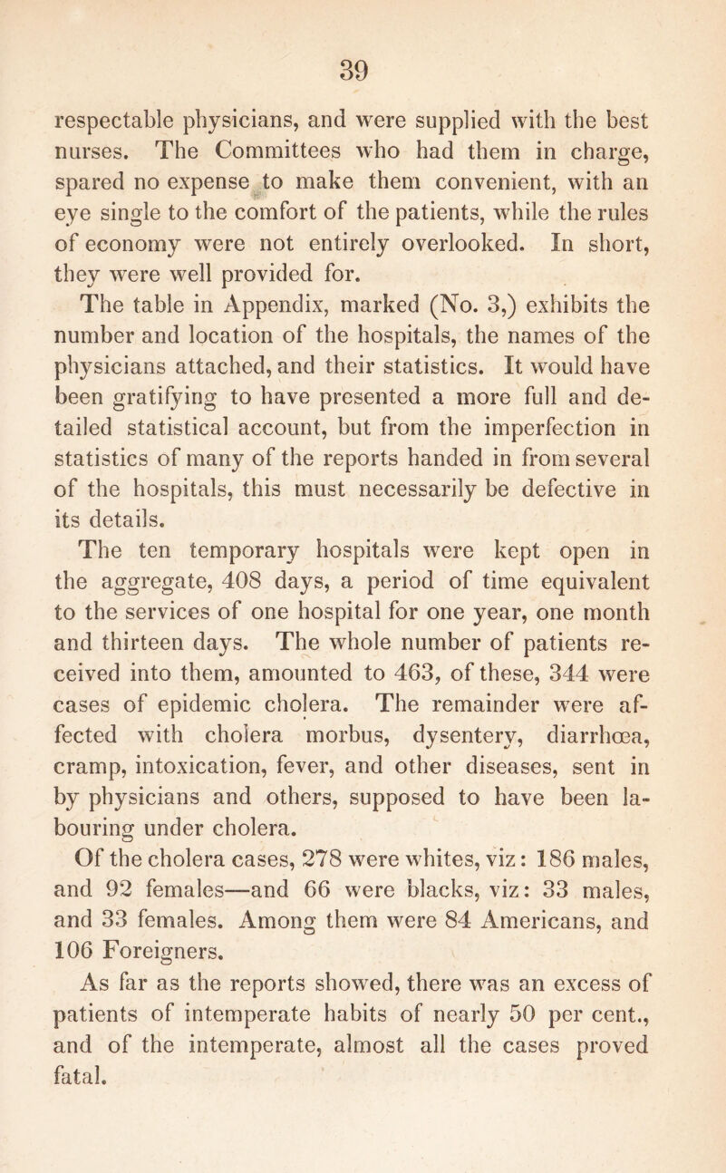 respectable physicians, and were supplied with the best nurses. The Committees who had them in charge, spared no expense to make them convenient, with an eye single to the comfort of the patients, while the rules of economy were not entirely overlooked. In short, they were well provided for. The table in Appendix, marked (No. 3,) exhibits the number and location of the hospitals, the names of the physicians attached, and their statistics. It would have been gratifying to have presented a more full and de¬ tailed statistical account, but from the imperfection in statistics of many of the reports handed in from several of the hospitals, this must necessarily be defective in its details. The ten temporary hospitals were kept open in the aggregate, 408 days, a period of time equivalent to the services of one hospital for one year, one month and thirteen days. The whole number of patients re¬ ceived into them, amounted to 463, of these, 344 were cases of epidemic cholera. The remainder were af¬ fected with cholera morbus, dysentery, diarrhoea, cramp, intoxication, fever, and other diseases, sent in by physicians and others, supposed to have been la¬ bouring under cholera. Of the cholera cases, 278 were whites, viz: 186 males, and 92 females—and 66 were blacks, viz: 33 males, and 33 females. Among them were 84 Americans, and 106 Foreigners. As far as the reports showed, there was an excess of patients of intemperate habits of nearly 50 per cent., and of the intemperate, almost all the cases proved fatal.