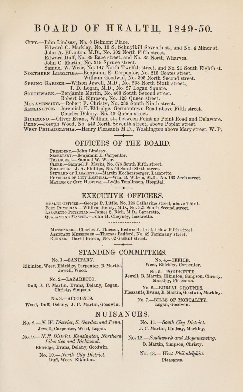 BOARD OP HEALTH, 1849-50. City.—John Lindsay, No. 8 Belmont Place. Edward C. Markley, No. 13 S. Schuylkill Seventh st., and No. 4 Minor st. John A. Elkinton, M.D., No. 102 North Fifth street. Edward Duff, No. 39 Race street, and No. 35 North Wharves. John C. Martin, No. 319 Spruce street. Samuel W. Weer, No. 147 North Twelfth street, and No. 21 South Eighth st. Northern Liberties.—Benjamin E. Carpenter, No. 215 Coates street. William Goodwin, No. 305 North Second street. Spring Garden.—Wilson Jewell, M.D., No. 233 North Sixth street., J. D. Logan, M.D., No. 27 Logan Square. Southwark.—Benjamin Martin, No. 463 South Second street. Robert G. Simpson, No. 123 Queen street. Moyamensing.—Robert F. Christy, No. 239 South Ninth street. Kensington.—Jeremiah E. Eldridge, Germantown Road above Fifth street. Charles Delany, No. 43 Queen street. Richmond.—Oliver Evans, William st., between Point no Point Road and Delaware. Penn.—Joseph Wood, No. 443 North Seventh street, above Poplar street. West Philadelphia.—Henry Pleasants M.D., Washington above Mary street, W. P. -— OFFICERS OF THE BOARD. President.—John Lindsay. Secretary.—Benjamin E. Carpenter. Treasurer—Samuel W. Weer. Clerk.—Samuel P. Marks, No. 376 South Fifth street. Solicitor.—J. A. Phillips, No. 56 South Sixth street. Steward of Lazaretto.—Martin Kochersperger, Lazaretto. Physician of City Hospital.—Wm. B. Wilson, M.D., No. 163 Arch street. Matron of City Hospital.—Lydia Tomlinson, Hospital. -«- EXECUTIVE OFFICERS. Health Officer.—George P. Little, No. 126 Catharine street, above Third. Port Physician.—Willirm Henry, M.D., No. 321 South Second street. Lazaretto Physician.—James S. Rich, M.D., Lazaretto. Quarantine Master.—John H. Cheyney, Lazaretto. Messenger.—Charles F. Thiesen, Redwood street, below Fifth street. Assistant Messenger.—Thomas Bedford, No. 42 Tammany street. Runner.—David Brown, No. 62 Gaskill street. . -♦- STANDING COMMITTEES. No. 1.—SANITARY. Elkinton, Weer, Eldridge, Carpenter, B. Martin, Jewell, Wood. No. 2.—LAZARETTO. Duff, J. C. Martin, Evans, Delany, Logan, Christy, Simpson. No. 3.—ACCOUNTS. Wood, Duff, Delany, J. C. Mai'tin, Goodwin. No. 4.—OFFICE. Weer, Eldridge, Carpenter. No. 5.—POUDRETTE. Jewell, B. Martin, Elkinton, Simpson, Christy, Markley, Pleasants. No. 6.—BURIAL GROUNDS. Pleasants, Evans, B. Martin, Goodwin, Markley. No. 7.—BILLS OF MORTALITY. Logan, Goodwin. NUISANCES. No. 8.—N. W. District, S. Garden and Penn. Jewell, Carpenter, Wood, Logan. No. 9.—N.E. District, Kensington, Northern Liberties and Richmond. Eldridge, Evans, Delany, Goodwin. No. 10.—North City District. Duff, Weer, Elkinton. No. 11.—South City District. J. C. Martin, Lindsay, Markley. No. 12.—Southwark and Moyamensing. B. Martin, Simpson, Christy. No. 13.— West Philadelphia. Pleasants.