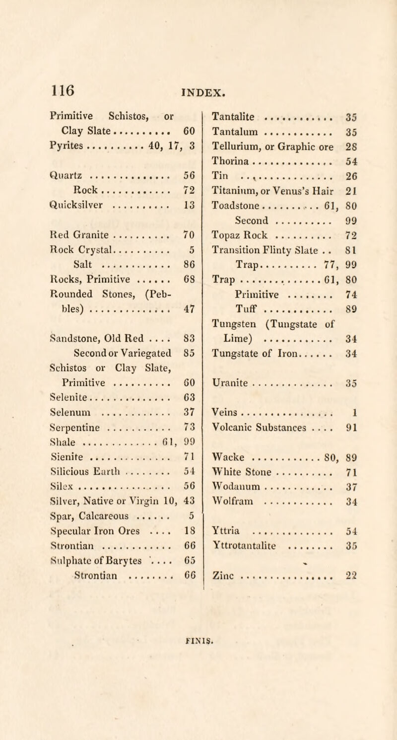 Primitive Schistos , or Tantalite . Clay Slate. Tantalum. Pyrites. 40, 17, 3 Tellurium, or Graphic ore Thorina. .... 56 Tin . Rock. .... 72 Titanium, or Venus’s Hair Quicksilver . .... 13 Toadstone. 61 Second . Red Granite. .... 70 Topaz Rock . Rock Crystal. .... 5 Transition Flinty Slate . . Salt . .... 86 Trap. 77 Rocks, Primitive . .... 68 Trap... 61 Rounded Stones, (Peb- Primitive . bles) . .... 47 Tuff. Tungsten (Tungstate of Sandstone, Old Red .... 83 Lime) . Second or Varie gated 85 Tungstate of Iron.... Schistos or Clay Slate, Primitive . .... 60 Uranite. Selenite. .... 63 .... 37 Serpentine . .... 73 Volcanic Substances . . , Shale . Sienite . .... 71 Wacke . so Silicious Earth . . . .... 54 White Stone. .... 56 Silver, Native or Virgin 10, 43 Wolfram . Spar, Calcareous . .... 5 Specular Iron Ores .... 18 Yttria . . 66 Sulphate of Barytes .... 65 Strontian ... . 66 Zinc . 35 35 28 54 26 21 80 99 72 81 99 80 74 89 34 34 35 1 91 89 71 37 34 54 35 22 FINIS.