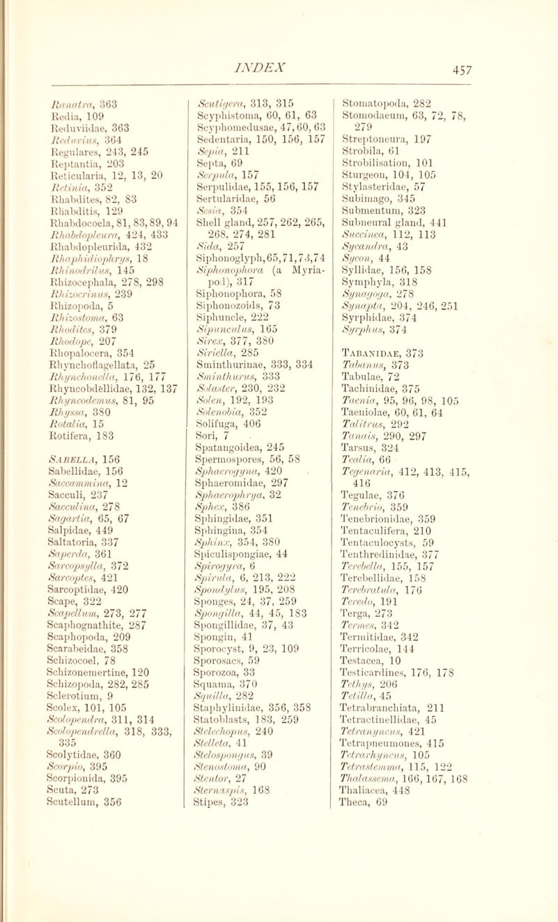 Ranatra, 363 Redia, 109 Rec luviidae, 363 Reduvius, 364 Regulares, 243, 245 Reptantia, 203 Reticularia, 12, 13, 20 Retinia, 352 Rhabdites, 82, S3 Rliabditis, 129 Rhabdocoela, 81, 83,89, 94 Rhabdopleura, 424, 433 Rhabdopleurida, 432 Rhaphidiophrys, 18 Rhinodrilus, 145 Rhizocephala, 278, 298 Rhizocrimis, 239 Rhizopoda, 5 Jih izostonm, 63 Rhodites, 379 Rhodope, 207 Rhopaloeera, 354 Rbynclioflagellata, 25 Rhynclwnella, 176, 177 Rhyncobdellidae, 132, 137 Rhyncodemus, 81, 95 RJiyssa, 380 Rated ia, 15 Rotifera, 183 Sabella, 156 Sabellidae, 156 Saccammina, 12 Saeculi, 237 Sacculina, 278 Sagartia, 65, 67 Salpidae, 449 Saltatoria, 337 Super da, 361 Sarcopsylla, 372 Sarcoptes, 421 Sarcoptidae, 420 Scape, 322 Scapdlum, 273, 277 Scaphognathite, 287 Scapliopoda, 209 Scarabeidae, 358 Schizocoel, 78 Schizonemertine, 120 Schizopoda, 282, 285 Sclerotium, 9 Scolex, 101, 105 Scolopendra, 311, 314 Scolopendrella, 318, 333, 335 Scolytidae, 360 Scorpio, 395 Scorpionida, 395 Scuta, 273 Scutellum, 356 Scutigcra, 313, 315 Scyphistoma, 60, 61, 63 Scypliomedusae, 47,60, 63 Sedentaria, 150, 156, 157 Sepia, 211 Septa, 69 Serpula, 157 Serpulidae, 155,156, 157 Sertularidae, 56 Sesia, 354 Shell gland, 257,262, 265, 268, 274, 281 Sida, 257 Siphonoglyph, 65,71,73,74 Siphonophora (a Myria¬ pod), 317 Siphonophora, 58 Siplionozoids, 73 Siplnmcle, 222 Sipunculus, 165 Sirex, 377, 380 Siriella, 285 Smintlniriuae, 333, 334 Sminthurus, 333 Solaster, 230, 232 Solen, 192, 193 Solenobia, 352 Solifuga, 406 Sori, 7 Spatangoidea, 245 Sperraospores, 56, 58 Sphaerogyna, 420 Sphaeromidae, 297 Spliaerophrya, 32 Sphex, 386 Sphingidae, 351 Spliingina, 354 Sphinx, 354, 380 Spiculispongiae, 44 Spirogyra, 6 Spirulu, 6, 213, 222 Spondylus, 195, 208 Sponges, 24, 37, 259 Spongilla, 44, 45, 183 Spongillidae, 37, 43 Spongin, 41 Sporocyst, 9, 23, 109 Sporosacs, 59 Siiorozoa, 33 Squama, 370 Squilla, 282 Staphylinidae, 356, 358 Statoblasts, 183, 259 Stelechopas, 240 Stelleta, 41 Stelospongus, 39 Stenostoma, 90 Stentor, 27 Sterna apis, 168 Stipes, 323 Stomatopoda, 282 Stomodaeum, 63, 72, 78, 279 Streptoneura, 197 Strobila, 61 Strobilisation, 101 Sturgeon, 104, 105 Stylasteridae, 57 Subimago, 345 Submentum, 323 Subneural gland, 441 Succinea, 112, 113 Sycandra, 43 Sycon, 44 Syllidae, 156, 158 Symphyla, 318 Synagoga, 278 Synapta, 204, 246, 251 Syrphidae, 374 Syrphus, 374 Tabanidae, 373 Tabanus, 373 Tabulae, 72 Tachinidae, 375 Taenia, 95, 96, 98, 105 Taeniolae, 60, 61, 64 Talitrus, 292 Tanais, 290, 297 Tarsus, 324 Tecdia, 66 Tegenaria, 412, 413, 415, 416 Tegulae, 376 Tenebrio, 359 Tenebrionidae, 359 Tentaculifera, 210 Tentaculocysts, 59 Tenthredinidae, 377 Terebella, 155, 157 Terebellidae, 158 Terebratula, 176 Teredo, 191 Terga, 273 Termes, 342 Termitidae, 342 Terricolae, 144 Testacea, 10 Testicardines, 176, 178 Tethys, 206 Tetiila, 45 Tetrabranchiata, 211 Tetractinellidae, 45 Tetranyncus, 421 Tetrapneumones, 415 Tetrarhyncus, 105 Tetrastemma, 115, 122 Tludaxsema, 166,167, 16S Thaliacea, 448 Theca, 69