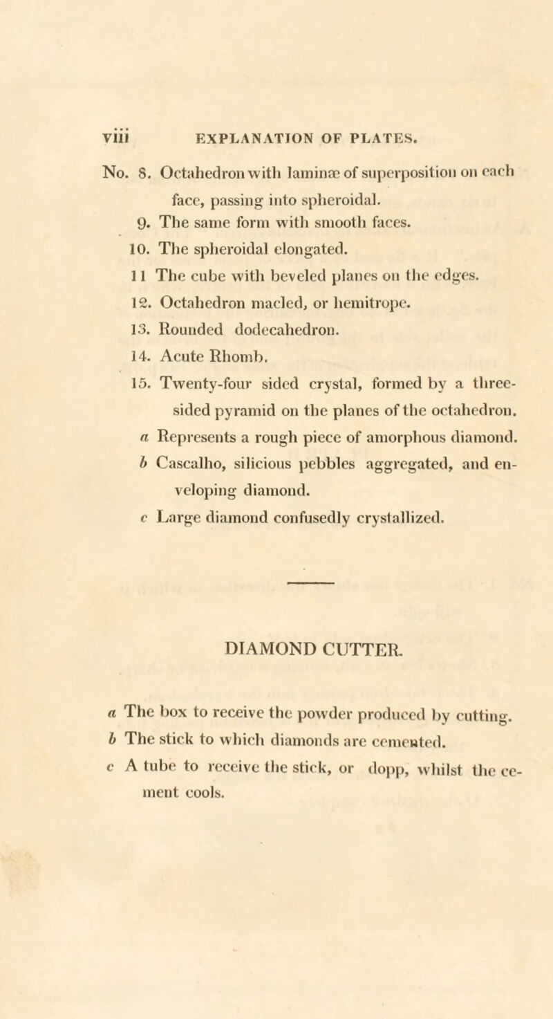 No. S. Octahedron with laminae of superposition on each face, passing into spheroidal. 9. The same form with smooth faces. 10. The spheroidal elongated. 11 The cube with beveled planes on the edges. 12. Octahedron macled, or liemitrope. 13. Rounded dodecahedron. 14. Acute Rhomb. 15. Twenty-four sided crystal, formed by a three- sided pyramid on the planes of the octahedron. a Represents a rough piece of amorphous diamond. b Cascalho, silicious pebbles aggregated, and en¬ veloping diamond. c Large diamond confusedly crystallized. DIAMOND CUTTER. a The box to receive the powder produced by cutting. b The stick to which diamonds are cemented. c A tube to receive the stick, or dopp, whilst the ce¬ ment cools.