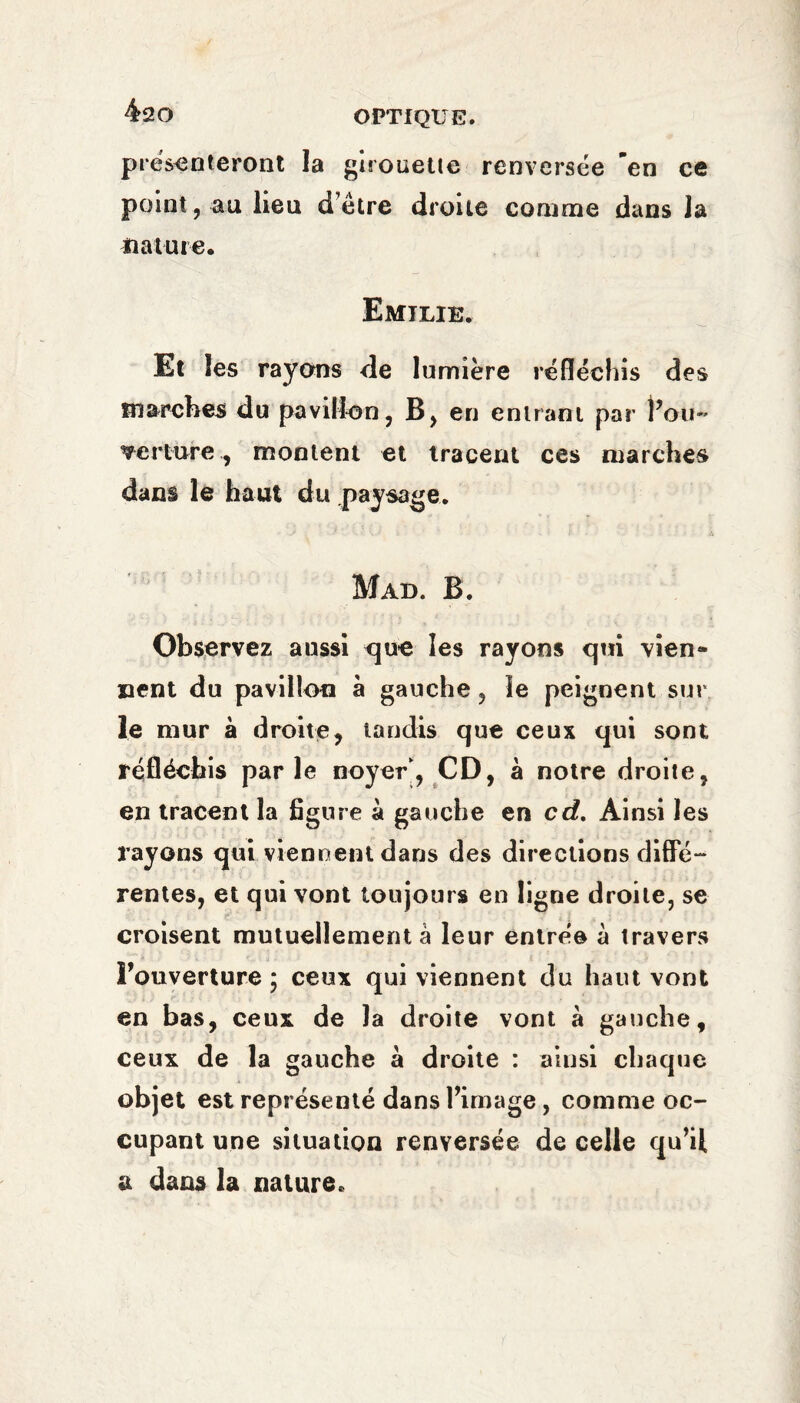 présenteront la girouette renversée en ce point, au lieu d’être droite comme dans la nature. Emilie. Et les rayons de lumière réfléchis des marches du pavillon, B, en entrant par Fou* “Tenure, montent et tracent ces marches dans le haut du paysage. Mad. B. Observez aussi que les rayons qui vien¬ nent du pavillon à gauche, le peignent sur le mur à droite, tandis que ceux qui sont réfléchis parle noyer, CD, à notre droite, en tracent la figure à gauche en cd. Ainsi les rayons qui viennent dans des directions diffé¬ rentes, et qui vont toujours en ligne droite, se croisent mutuellement à leur entrée à travers Fouverture ; ceux qui viennent du haut vont en bas, ceux de la droite vont à gauche, ceux de la gauche à droite : ainsi chaque objet est représenté dans l’image, comme oc¬ cupant une situation renversée de celle qu’il a dans la nature.