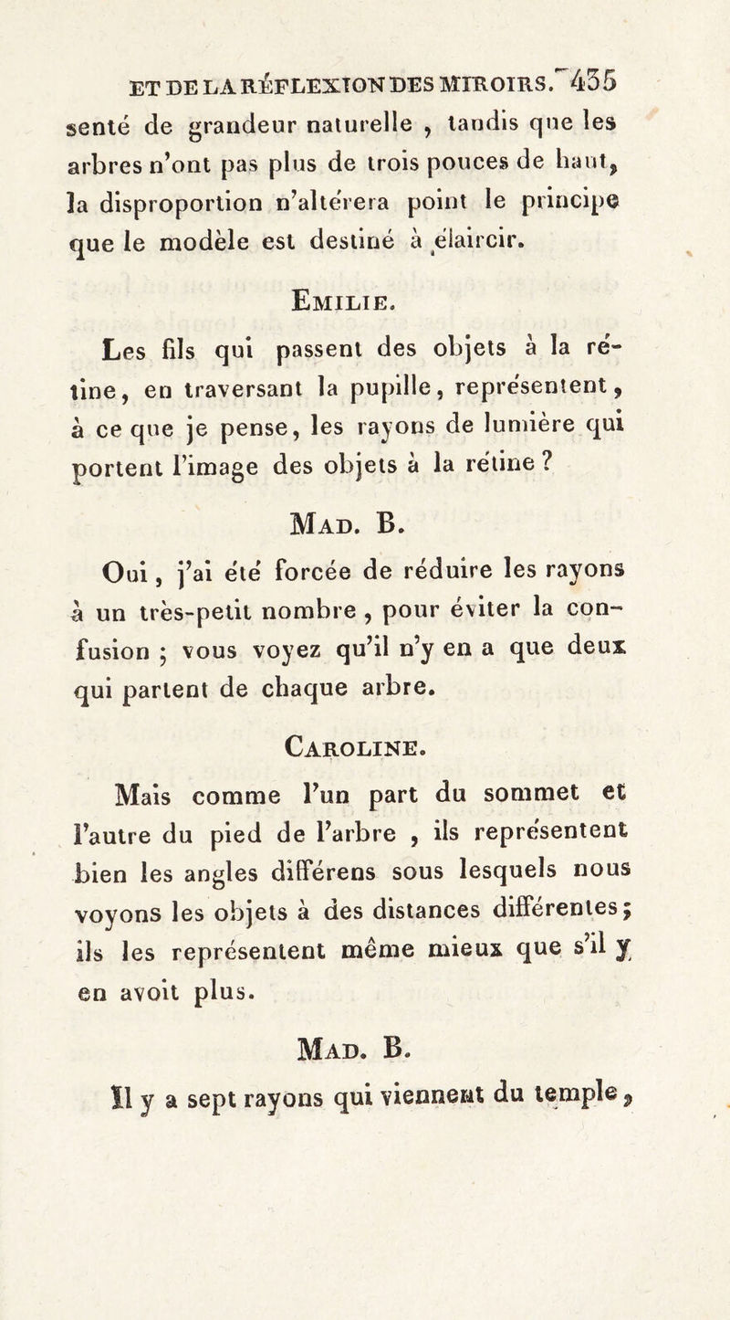 sente de grandeur naturelle , tandis que les arbres n’ont pas plus de trois pouces de haut, la disproportion n’altérera point le principe que le modèle est destiné à éiaircir. Emilie. Les fils qui passent des objets à la ré¬ tine, en traversant la pupille, représentent, à ce que je pense, les rayons de lumière qui portent l’image des objets a la rétine ? Mad. B. Oui, j’ai été forcée de réduire les rayons a un très-petit nombre , pour éviter la con¬ fusion ; vous voyez qu’il n’y en a que deux qui partent de chaque arbre. Caroline. Mais comme l’un part du sommet et l’autre du pied de l’arbre , ils représentent bien les angles differens sous lesquels nous voyons les objets à des distances différentes; ils les représentent même mieux que s’il y en avoit plus. Mad. B. Ï1 y a sept rayons qui viennent du temple $