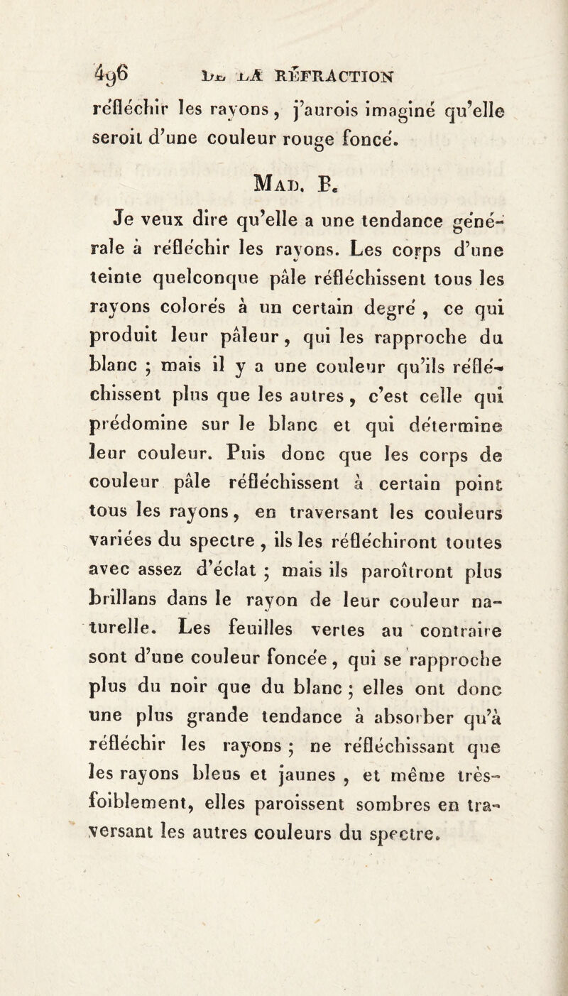 4t)6 irjc ijR refraction réfléchir les rayons, j’aurois imagine qu’elle seroil d’une couleur rouge foncé. Mae. P» Je veux dire qu’elle a une tendance géné¬ rale à réfléchir les rayons. Les corps d’une teinte quelconque pâle réfléchissent tous les rayons colorés à un certain degré , ce qui produit leur pâleur, qui les rapproche du blanc ; mais il y a une couleur qu’ils réflé-* dussent plus que les autres, c’est celle qui prédomine sur le blanc et qui détermine leur couleur. Puis donc que les corps de couleur pâle réfléchissent à certain point tous les rayons, en traversant les couleurs variées du spectre , ils les réfléchiront toutes avec assez d’éclat ; mais ils paroîtront plus brill ans dans le rayon de leur couleur na¬ turelle. Les feuilles vertes au contraire sont d’une couleur foncée, qui se rapproche plus du noir que du blanc ; elles ont donc une plus grande tendance à absorber qu’à réfléchir les rayons ; ne réfléchissant que les rayons bleus et jaunes , et meme très- foiblement, elles paroissent sombres en tra¬ versant les autres couleurs du spectre.
