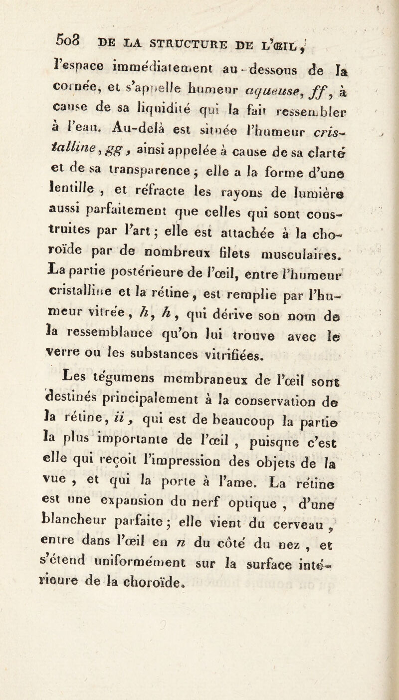 l’espace immédiatement au-dessous de la cor nee, et s’aprælle humeur aqueuse, ff, à cause de sa liquidité qui la fait ressembler a J eau* Au-delà est située l’humeur cris- tall me, g g y ainsi appelée à cause de sa clarté et de sa transparence ^ elle a la forme d’une lentille , et réfracte les rayons de lumière aussi parfaitement que celles qui sont cons¬ truites par Fart ; elle est attachée à la cho¬ roïde par de nombreux filets musculaires. 3àa partie postérieure de Feed, entre l’humeur ciistaliine et la retine, est remplie par l’hu¬ meur vitrée, h9 h9 qui dérive son nom d© la ressemblance qu’on lui trotsve avec 1© verre ou les substances vitrifiées. Les tégumens membraneux de l’œil sorrt destines principalement à la conservation de la rétine, ii 9 qui est de beaucoup la parti© la plus importante de l’œil , puisque c’est elle qui reçoit l’impression des objets de la vue , et qui la porte à Fame. La rétine est une expansion du nerf optique , d’une blancheur parfaite * elle vient du cerveau ? entre dans l’œil en n du côté du nez , et s étend uniformément sur la surface inté¬ rieure de la choroïde.