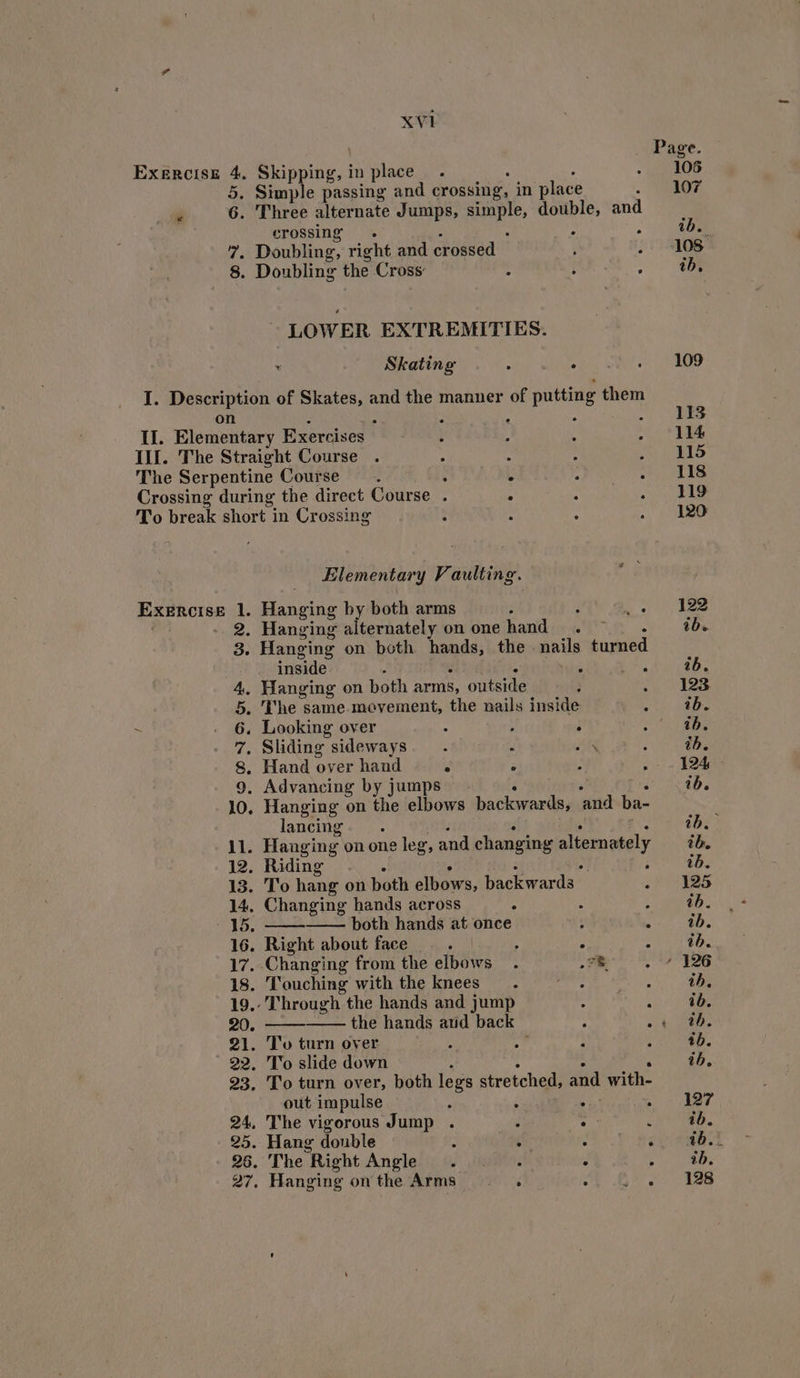 EXERCISE 4. Skipping, i in place. 5. Simple passing and crossing, in place ‘ 6. Three alternate Jumps, meen double, and crossing : ; 7”. Doubling, right and crossed s ; 8. Doubling the Cross : : ; ~~ LOWER EXTREMITIES. * Skating : : on The Serpentine Course. : ° Crossing during the direct Course . : To break short in Crossing : EXERcIseE 1. 2 de 11. Hanging on one leg, and changing alternately 12. Riding 13. To hang on both elbows, backwards 14, Changing hands across 4 : 15. both hands at once : 16. Right about face , 4 : 17. Changing from the elbows. wee 18. Touching with the knees’. se : 19. Through the hands and jump ry Cae 20. the hands aud back — 2 ot 21. To turn over 4 3 ; 22. To slide down 23. To turn over, both legs stretched, and with- out impulse ; ; : : 24, The vigorous Jump . : : : 25. Hang donble : . : é 26. The Right Angle . ©. ° ; 27, Hanging on the Arms : . . Elementary Vaulting. Lacing by both arms Hanging on both Ga ae the nails turned inside : 4, Hanging on both arms, outside 5. The same movement, the nails inside . . 6, Looking over : : : 7, Sliding sideways. . é Ji : 8. Hand over hand . . ! : 9. Advancing by jumps Hanging on the elbows backwards, and ba- lancing