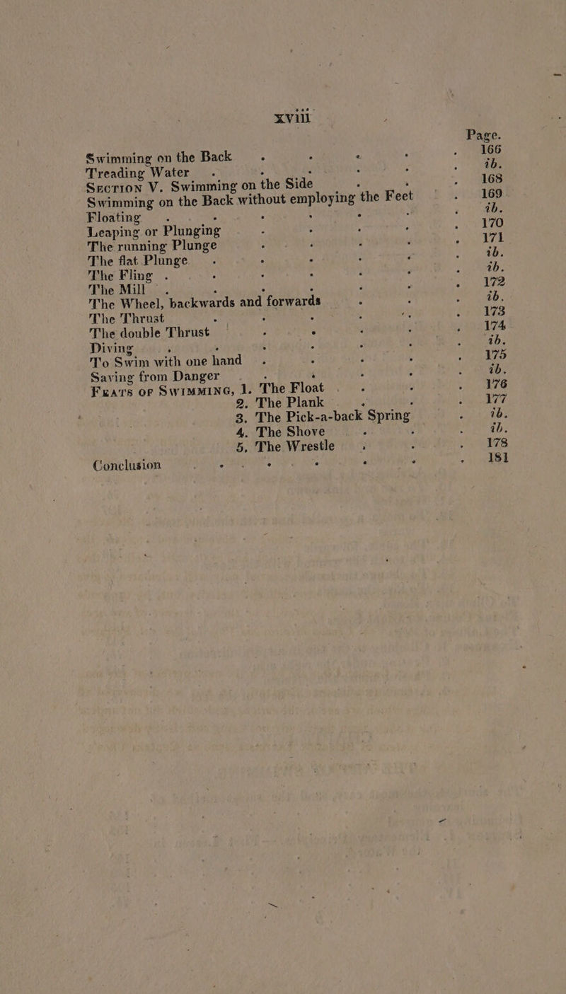 xvi Swimming on the Back . 4 .. Treading Water 4 5 Srecrion V. Swimming on the Side : . Swimming on the Back without employing the Feet Floating . . : : a Leaping or Plunging : A The running Plunge i The flat Plunge. ; : The Fling . : ti : The Mill. The Wheel, backwards and forwards The Thrast The double Thrust ; . Diving ; : : To Swim with one hand : . Saving from Danger ; ; Fats or SWIMMING, 1. The Float : 2. The Plank , 3. The Pick-a-back Spring 4. The Shove . 5. The Wrestle . Conclusion TRITOE c ‘ C