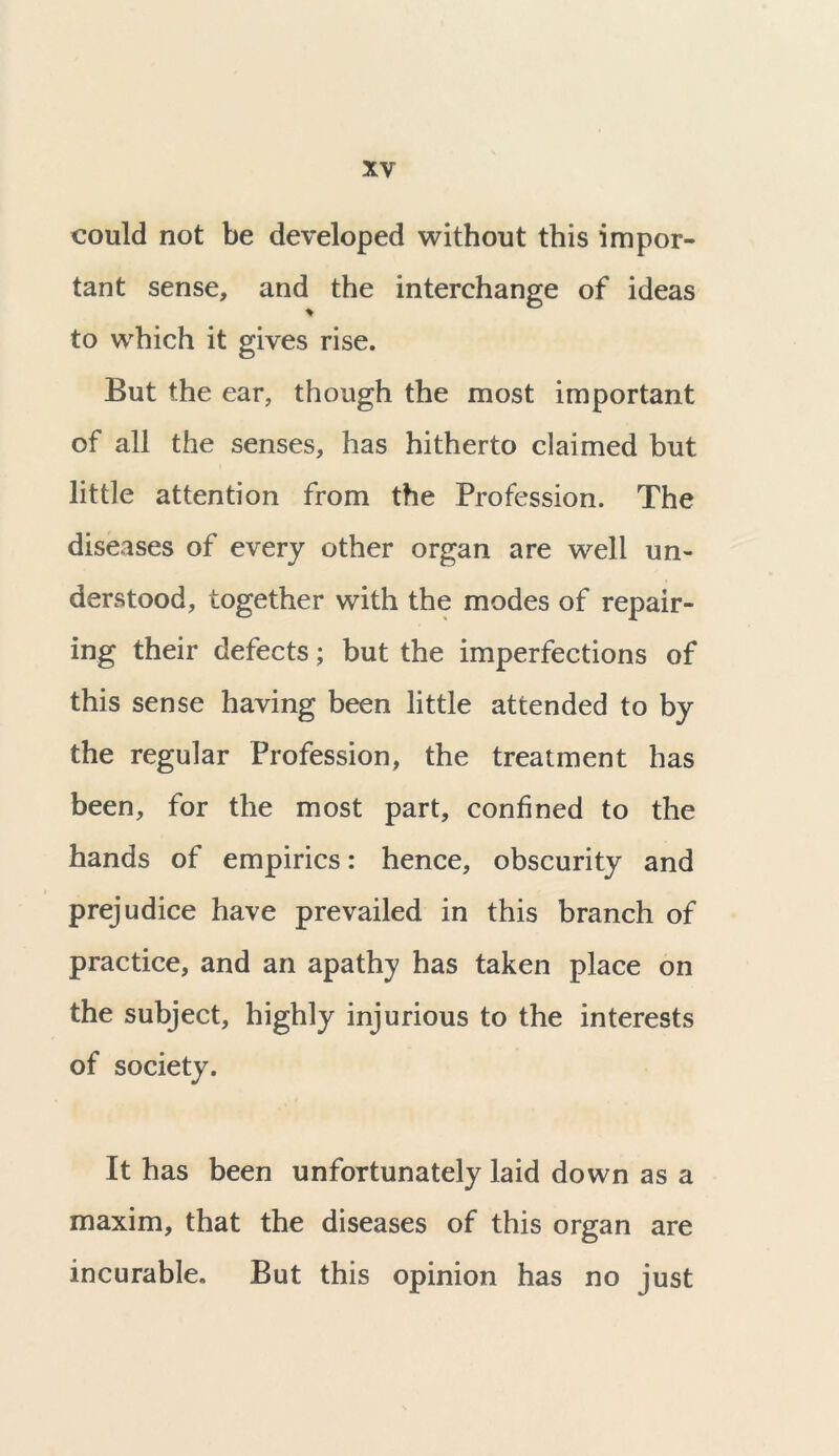 could not be developed without this impor- tant sense, and the interchange of ideas % to which it gives rise. But the ear, though the most important of all the senses, has hitherto claimed but little attention from the Profession. The diseases of every other organ are well un- derstood, together with the modes of repair- ing their defects; but the imperfections of this sense having been little attended to by the regular Profession, the treatment has been, for the most part, confined to the hands of empirics: hence, obscurity and prejudice have prevailed in this branch of practice, and an apathy has taken place on the subject, highly injurious to the interests of society. It has been unfortunately laid down as a maxim, that the diseases of this organ are incurable. But this opinion has no just