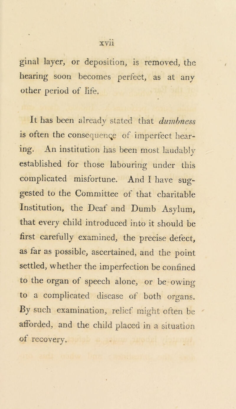 ginal layer, or deposition, is removed, the hearing soon becomes perfect, as at any other period of life. It has been already stated that dumbness is oiten the consequence of imperfect hear- ing. An institution has been most laudably established tor those labouring under this complicated misfortune. And I have sug- gested to the Committee of that charitable Institution, the Deaf and Dumb Asylum, that every child introduced into it should be first carefully examined, the precise defect, as far as possible, ascertained, and the point settled, whether the imperfection be confined to the organ of speech alone, or be owing to a complicated disease of both organs. By such examination, relief might often be afforded, and the child placed in a situation of recovery.