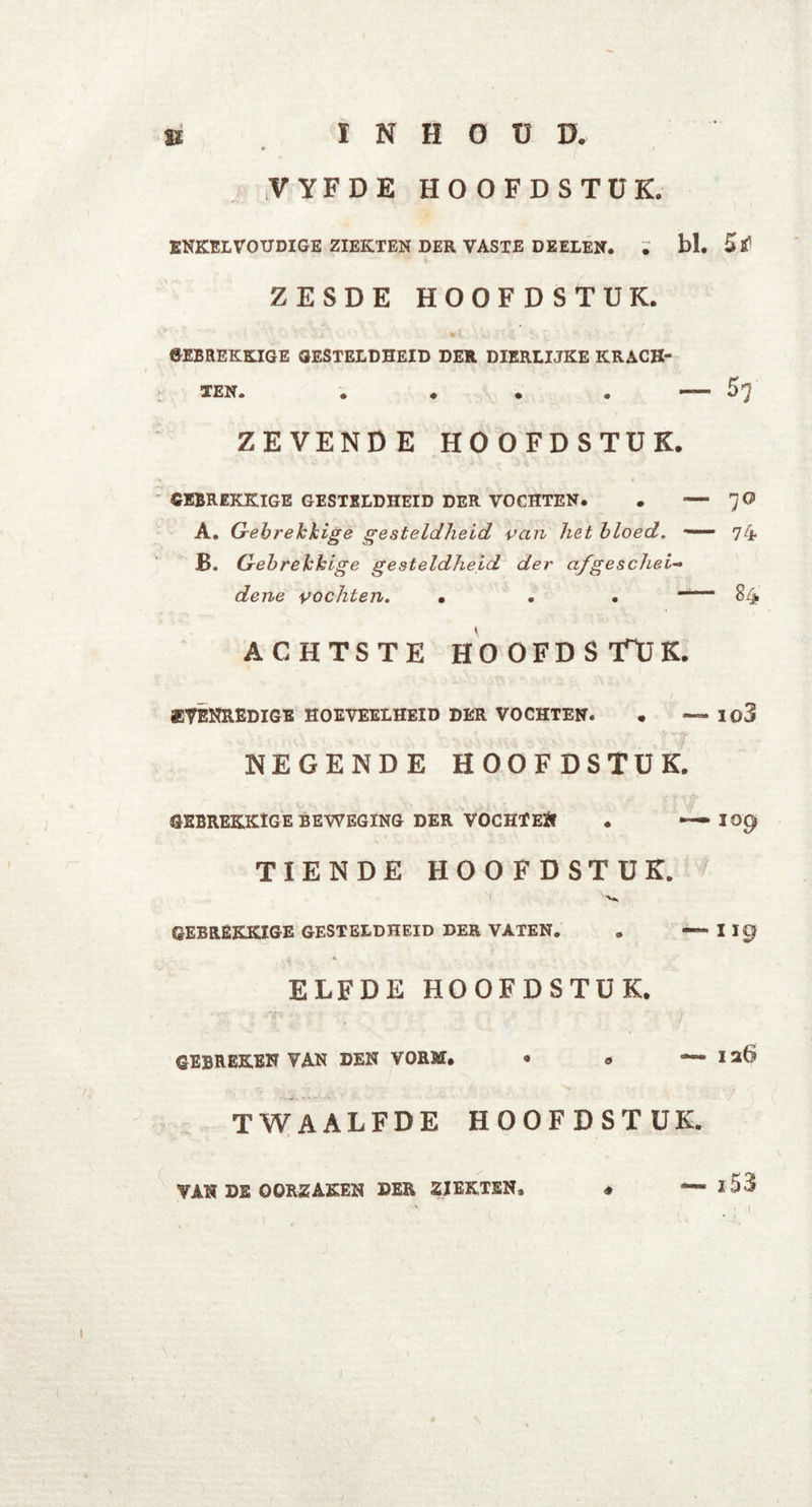 VYFDE HOOFDSTUK. ENKELVOUDIGE ZIEKTEN DER VASTE DEELEN. i bl. 5 ZESDE HOOFDSTUK. GEBREKKIGE GESTELDHEID DER DIERLIJKE KRACH- TEN. .... — 57 ZEVENDE HOOFDSTUK. ' 1 . . . GEBREKKIGE GESTELDHEID DER VOCHTEN. . — 7 O A. Gebrekkige gesteldheid van het bloed, —— 74 B. Gebrekkige gesteldheid der af gescheit dene vochten. ... —— 84 ACHTSTE HOOFDS’TüK. sVenredigb hoeveelheid der vochten. . — io3 NEGENDE HOOFDSTUK. GEBREKKIGE BEWEGING DER VOCHTE» . — IO|J TIENDE HOOFDSTUK. GEBREKKIGE GESTELDHEID DER VATEN. . — I 19 «I * ELFDE HOOFDSTUK. GEBREKEN VAN DEN VORM. • » — 126 TWAALFDE HOOFDSTUK. — j 53 VAN DE OORZAKEN DER ZIEKTEN, 1