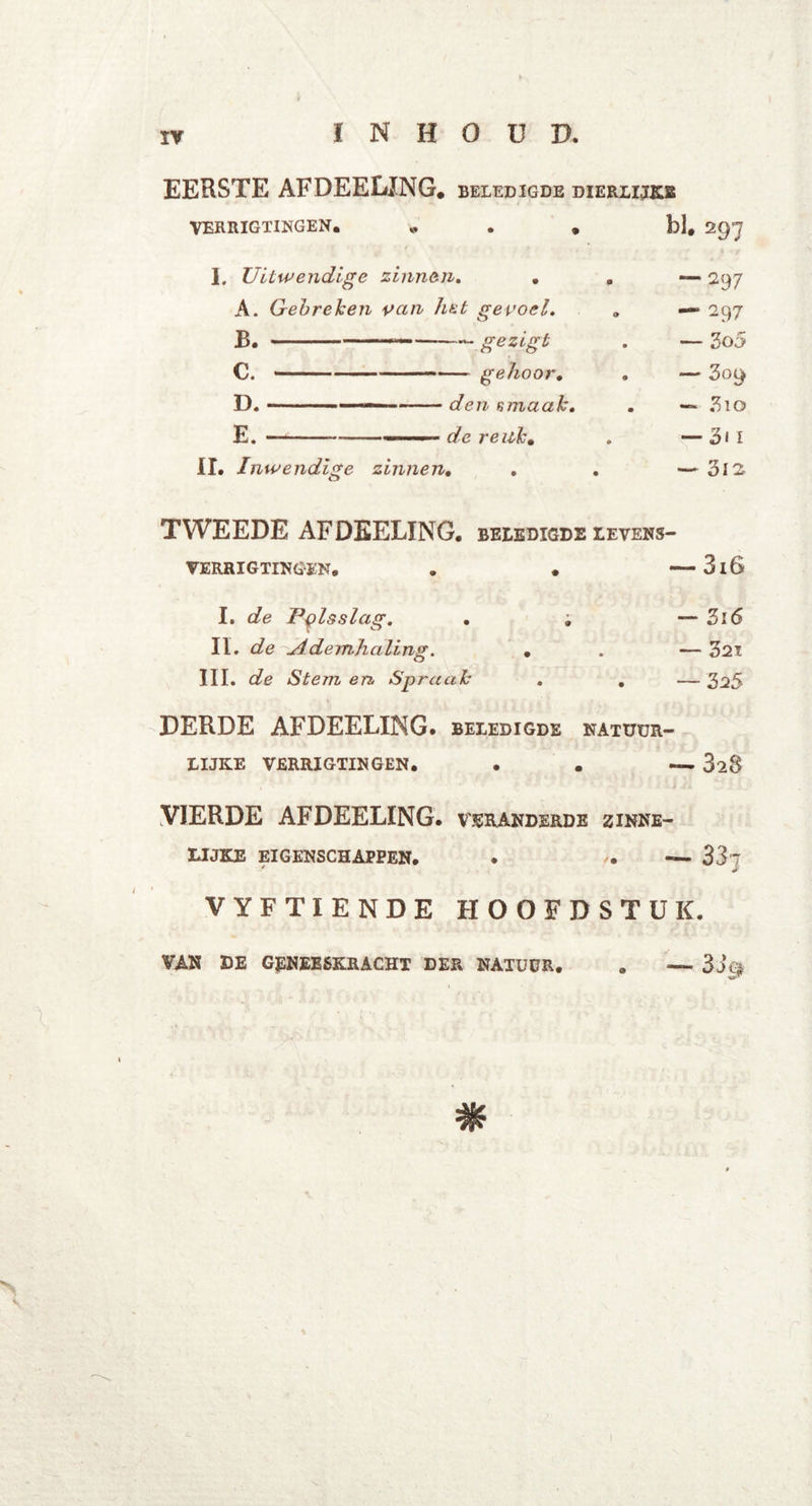 EERSTE AFDEELING. beledigde dierlijks VERRIGTINGEN. „ . . bl. 297 I. Uitwendige zinnen. . A. Gebreken van hut gevoel. B. c ——— gezigt V .. -  Cf G 1 v b /Sv Cc CI A/ < Inwendige zinnen. — 297 — 297 — 3o5 — 309 — 3io — 3i i — 312 TWEEDE AFDEELING. beledigde levens- VERRIGTINGEN. • • 3l6 I. de Polsslag. . ; — 3l6 II. de Ademhaling. • . — 321 III. de Stem en Spraak . . — 325 DERDE AFDEELING. beledigde natuur- lijke VERRIGTINGEN. . . — 328 VIERDE AFDEELING. veranderde zinne- lijke EIGENSCHAPPEN. . . — 33 J VYFTIENDE HOOFDSTUK. VAN DE GENEESKRACHT DER NATUUR. . — 33$ v <1