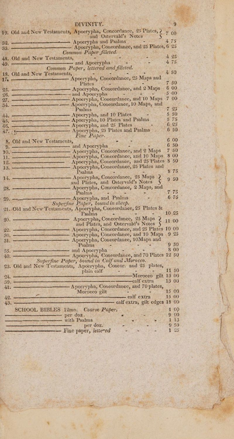 32, ———_—+- ——-—— Apocrypha and Psalms: cis 4 75 $3. ‘ Apocrypha, Concordance, ae 25 — 6 25 a Hosseeced sity “Niger: 48. Old. and New Testaments, a Bg PS SNe 25 49. - and pe ay - 4,75 woe . Common Paper, lettered and. filed. | i 18. Old snd New Testaments, 4 50 1% ‘Apoer vhs Concordance, 95 Maps and Plates ©. - 7 50 95, ——____-———__ Apocrypha, Concordance, and 2 Maps. 6 00 26.0 -and Apocrypha — 5°00 27. ——- Apocrypha, Coneordance, ae 10 Maps ? 00 Sh. —————$—_—_—_——— — Apocrypha, Coheainty, 10 Maps, and E . Psalms Pé-25 44, ———— Apocrypha, and 10 Plates - 5 50 45. A ESS ISN Apocrypha, 10: Plates and Psalms 5.78 46, ————— - Apoerypha, and 25 Plates . = 6.25 A. :& 1 Apoerypha, 25 Plates and Psalms 6 50 ek Fine Paper. Bt : 8. ord and New Testament . - 6 00 9. - and Apoerypha : 6 50 10. — - Apocrypha, Cagcaktance: and 2 Maps 7 50° ii, ————_-__- . Apoerypha, Concordance, and 10 Maps 8 00 12. — - _ Apocrypha, Concordance, and 25 Plates 8 50 13. ——---——- _Apeoerypha, onCOndnee 25 Plates and . . Psalms 8 75 14, ————— —— Apocrypha, Condordance; 25 Maps | ¢ 9 50. eae OTe, and Plates, and Ostervald’s Notes Pe 28. Apocrypha, ae hears Q Mons, ae Psalms nee T09. a) _ Apocrypha, and, Psalms: Se or BMS Superfine Paper, boundin sheep. ce, sae and New ft estaments, Apocrypha, sie ls eae 25 Plates & ae F Psalms “10,25 20. Apocrypha, Concardanes, 25 Maps i 00 re and Plates, and Osteryald’s Notes ¢ . 2 ——— Apocrypha, Concordance, and 25 Plates 10 00 30. ‘Apocrypha, Concordance, and 10 Maps 9 25 Si. Apocrypha, Concordance, 10Maps and 3 ‘Psalms » - et: 9 50 3Ds and Apocrypha 8 00 40. Apocrypha, Cnricontnse; and 70 Plates 12 50 Superfine Paper, bound in Calf and Morocco. te: 93. Old and New Testaments, Apocrypha, Concor. and 25 plates, plain calf - - 11 50 24. Morocco gilt 13 00 39 —— -calf extra 13 00 Al. apes pha, Concordance, and 70 piste, oa _ Moroeco gilt - 15 00. 42, : ealf éxtra 15 00 43. —— calf extra, gilt me 18 00 SCHOOL BIBLES 1i2mo. Coarse Paper. 4 00 — per doz. “ fae 9 00 with Psalms Wagga 113 per doz. . . Bae ae epee ~~ Fine paper, letteved _ > { 25 _ ye - a _pIVINITy.