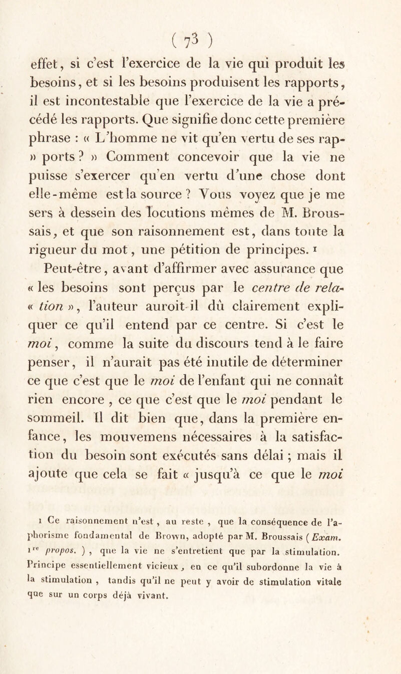 effet, si c’est l’exercice de la vie qui produit les besoins, et si les besoins produisent les rapports, il est incontestable que l’exercice de la vie a pré¬ cédé les rapports. Que signifie donc cette première phrase : « L’homme ne vit qu’en vertu de ses rap- » ports ? » Comment concevoir que la vie ne puisse s’exercer qu’en vertu d’une chose dont elle-meme est la source ? Vous voyez que je me sers à dessein des locutions memes de M. Brous¬ sais, et que son raisonnement est, dans tonte la rigueur du mot, une pétition de principes. i Peut-être, avant d’affirmer avec assurance que « les besoins sont perçus par le centre de î^ela^ « tion «, l’auteur auroit il du clairement expli¬ quer ce qu’il entend par ce centre. Si c’est le moi, comme la suite du discours tend à le faire penser, il n’aurait pas été inutile de déterminer ce que c’est que le moi de l’enfant qui ne connaît rien encore , ce que c’est que le moi pendant le sommeil, il dit bien que, dans la première en¬ fance, les mouvemens nécessaires à la satisfac¬ tion du besoin sont exécutés sans délai ; mais il ajoute que cela se fait « jusqu’à ce que le moi 1 Ce raisonnement n’est , au reste , que la conséquence de Ta- phorismc fondamental de Brown, adopté par M. Broussais ( Exàm, propos, ) , que la vie ne s’entretient que par la stimulation. Principe essentiellement vicieux ^ en ce qu’il subordonne la vie à la stimulation , tandis qu’il ne peut y avoir de stimulation vitale qne sur un corps déjà vivant.