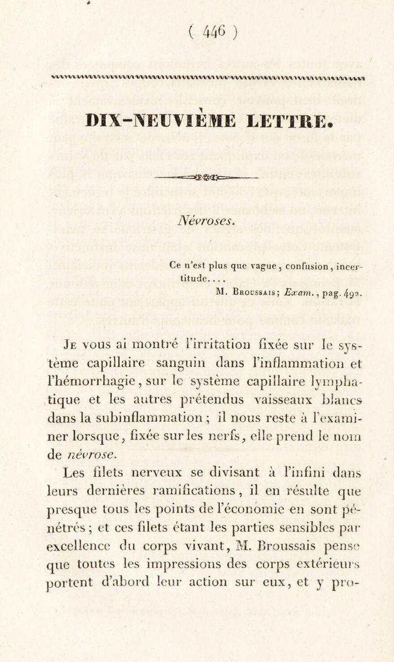 VWI'VVV»iVVV\'VW^'VW>'V\/>iWV\\'VV»VW»WV»VVV''VVV\'VW\WV»VW*VW\WV\'WV»'VW» DIX-NEUVIÈME LETTRE. Né^’roses, f Ce n’est plus que vague, confusion, incer¬ titude. ... M. Broüssais; Exam., Je vous ai montré Firriîation fixée sur le sys¬ tème capillaire sanguin dans Tinflammation et rhémorrhagie, sur le système capillaire lympha¬ tique et les antres prétendus vaisseaux blancs dans la subinflammation ; il nous reste à l’exami¬ ner lorsque, fixée sur les nerfs, elle prend le nom de néerose. Les filets nerveux se divisant à l’infiiii dans leurs dernières ramifications , il en résulte que presque tous les points de l’économie en sont pé¬ nétrés ; et ces filets étant les parties sensibles par excellence du corps vivant, M. Broussais pense que toutes les impressions des corps extérieiu's portent d’abord leur action sur eux, et y pro-