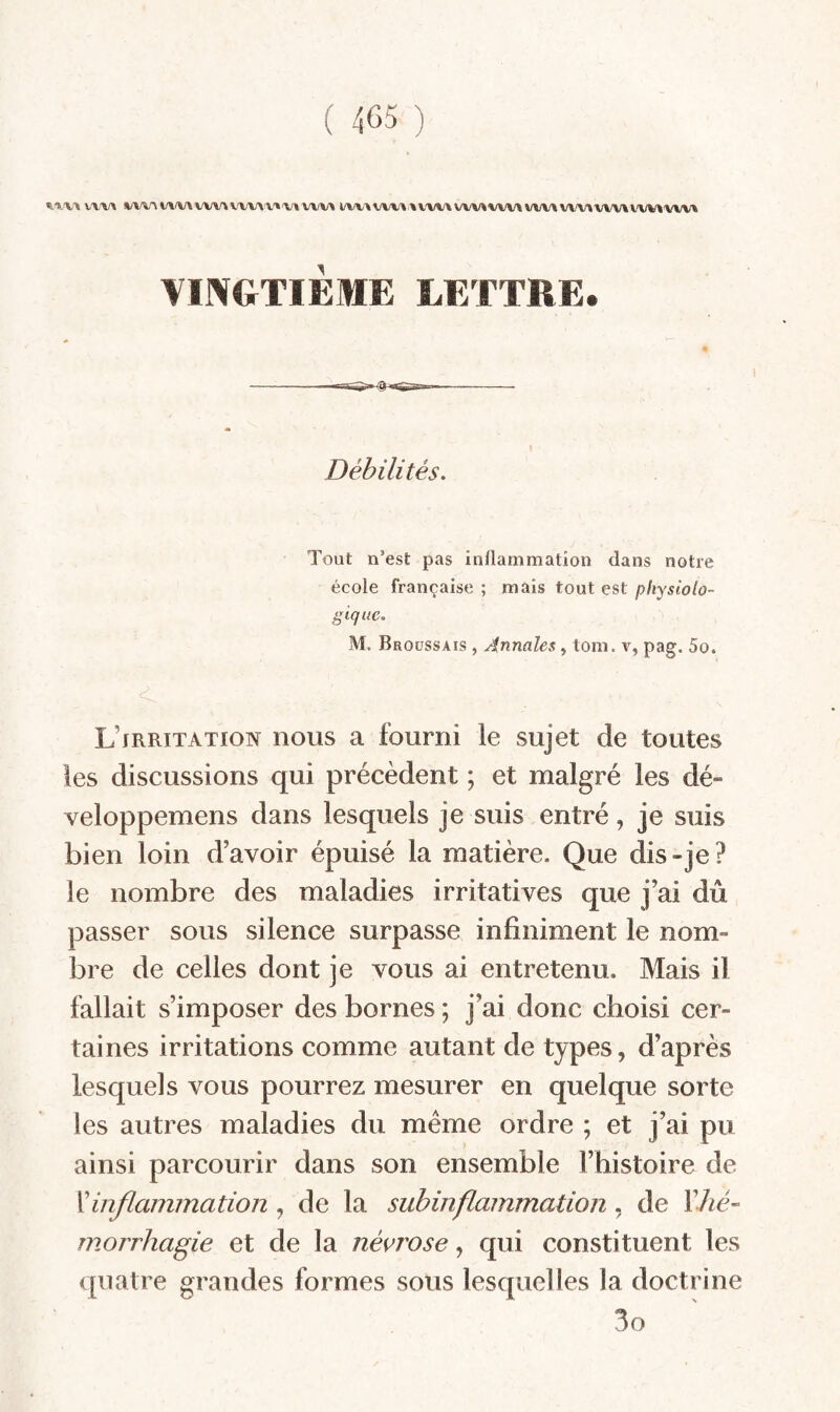 W\l\ VW\»/\^VVV\V'W\'V'»'V»VW\ l/W'\VVV».\V'V»/\VW\VW\VW\W\/^WV\VA/WVl/V» VUVGTIÈME LETTRE. Débilités. Tout n’est pas inilammatîon dans notre école française ; mais tout est physiolo¬ gique, M. Broussais , Annales, tom. v, pag. 5o. < L’irritation nous a fourni le sujet de toutes les discussions qui précèdent ; et malgré les dé- veloppemens dans lesquels je suis entré, je suis bien loin d’avoir épuisé la matière. Que dis-je? le nombre des maladies irritatives que j’ai dû passer sous silence surpasse infiniment le nom¬ bre de celles dont je vous ai entretenu. Mais il fallait s’imposer des bornes ; j’ai donc choisi cer¬ taines irritations comme autant de types, d’après lesquels vous pourrez mesurer en quelque sorte les autres maladies du meme ordre ; et j’ai pu ainsi parcourir dans son ensemble l’histoire de Xinflammation , de la subinflammation . de 17/c- morrhagie et de la névrose, qui constituent les quatre grandes formes sous lesquelles la doctrine 3o