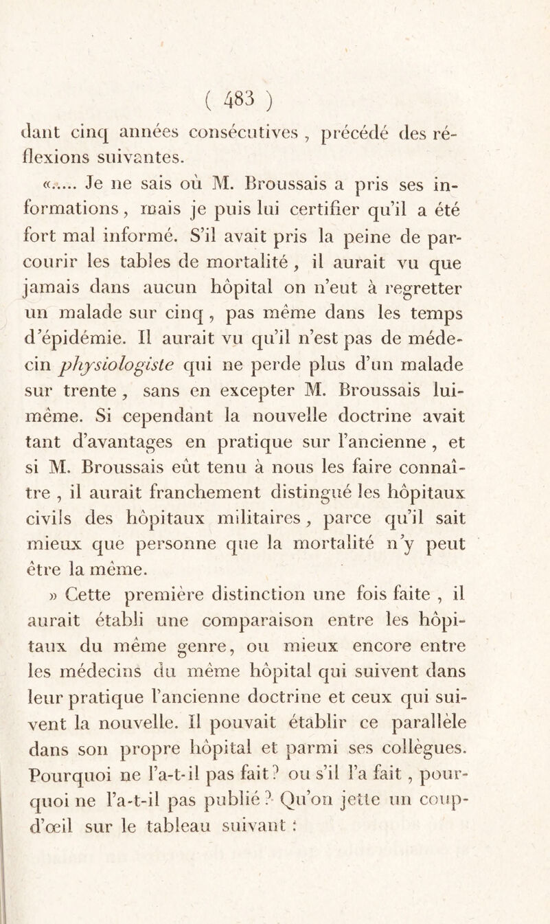 liant cinq années consécutives , précédé des ré¬ flexions suivantes. «. Je ne sais où M. Broussais a pris ses in¬ formations , mais je puis lui certifier qu’il a été fort mal informé. S’il avait pris la peine de par¬ courir les tables de mortalité , il aurait vu que jamais dans aucun hôpital on n’eut à regretter un malade sur cinq , pas meme dans les temps d’épidémie. Il aurait vu qu’il n’est pas de méde¬ cin physiologiste qui ne perde plus d’un malade sur trente , sans en excepter M. Broussais lui- méme. Si cependant la nouvelle doctrine avait tant d’avantages en pratique sur l’ancienne , et si M. Broussais eût tenu à nous les faire connaî¬ tre , il aurait franchement distingué les hôpitaux civils des hôpitaux militaires, parce qu’il sait mieux que personne que la mortalité n’y peut être la meme. )) Cette première distinction une fois faite , il aurait établi une comparaison entre les hôpi¬ taux du meme genre, ou mieux encore entre les médecins du meme hôpital qui suivent dans leur pratique l’ancienne doctrine et ceux qui sui¬ vent la nouvelle. Il pouvait établir ce parallèle dans son propre hôpital et parmi ses collègues. Pourquoi ne l’a-t-il pas fait? ou s’il l’a fait, pour¬ quoi ne l’a-t-il pas publié ?■ Qu’on jette un coup- d’œil sur le tableau suivant î