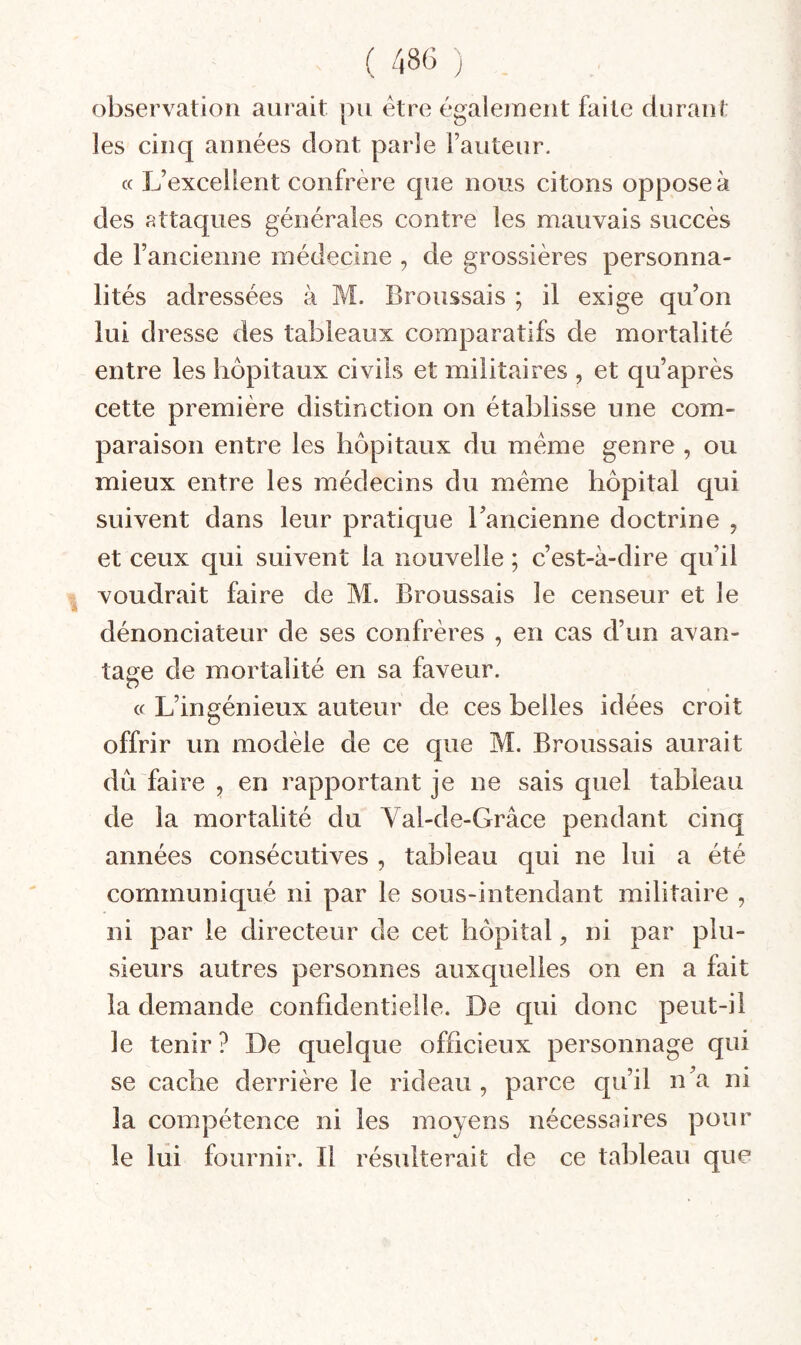 observation aurait pu être également faite durant les cinq années dont parle Fauteur. c( L’excellent confrère que nous citons oppose à des attaques générales contre les mauvais succès de l’ancienne médecine , de grossières personna¬ lités adressées à M. Broussais ; il exige qu’on lui dresse des tableaux comparatifs de mortalité entre les hôpitaux civils et militaires , et qu’après cette première distinction on établisse une com¬ paraison entre les hôpitaux du meme genre , ou mieux entre les médecins du même hôpital qui suivent dans leur pratique l’ancienne doctrine , et ceux qui suivent la nouvelle ; c’est-à-dire qu’il voudrait faire de M. Broussais le censeur et le dénonciateur de ses confrères , en cas d’un avan¬ tage de mortalité en sa faveur. « L’ingénieux auteur de ces belles idées croit offrir un modèle de ce que M. Broussais aurait du faire , en rapportant je ne sais quel tableau de la mortalité du Val-de-Grâce pendant cinq années consécutives , tableau qui ne lui a été communiqué ni par le sous-intendant militaire , ni par le directeur de cet hôpital, ni par plu¬ sieurs autres personnes auxquelles on en a fait la demande confidentielle. De qui donc peut-il le tenir ? De quelque officieux personnage qui se cache derrière le rideau , parce qn’il n’a ni la compétence ni les moyens nécessaires pour le lui fournir. Il résulterait de ce tableau que