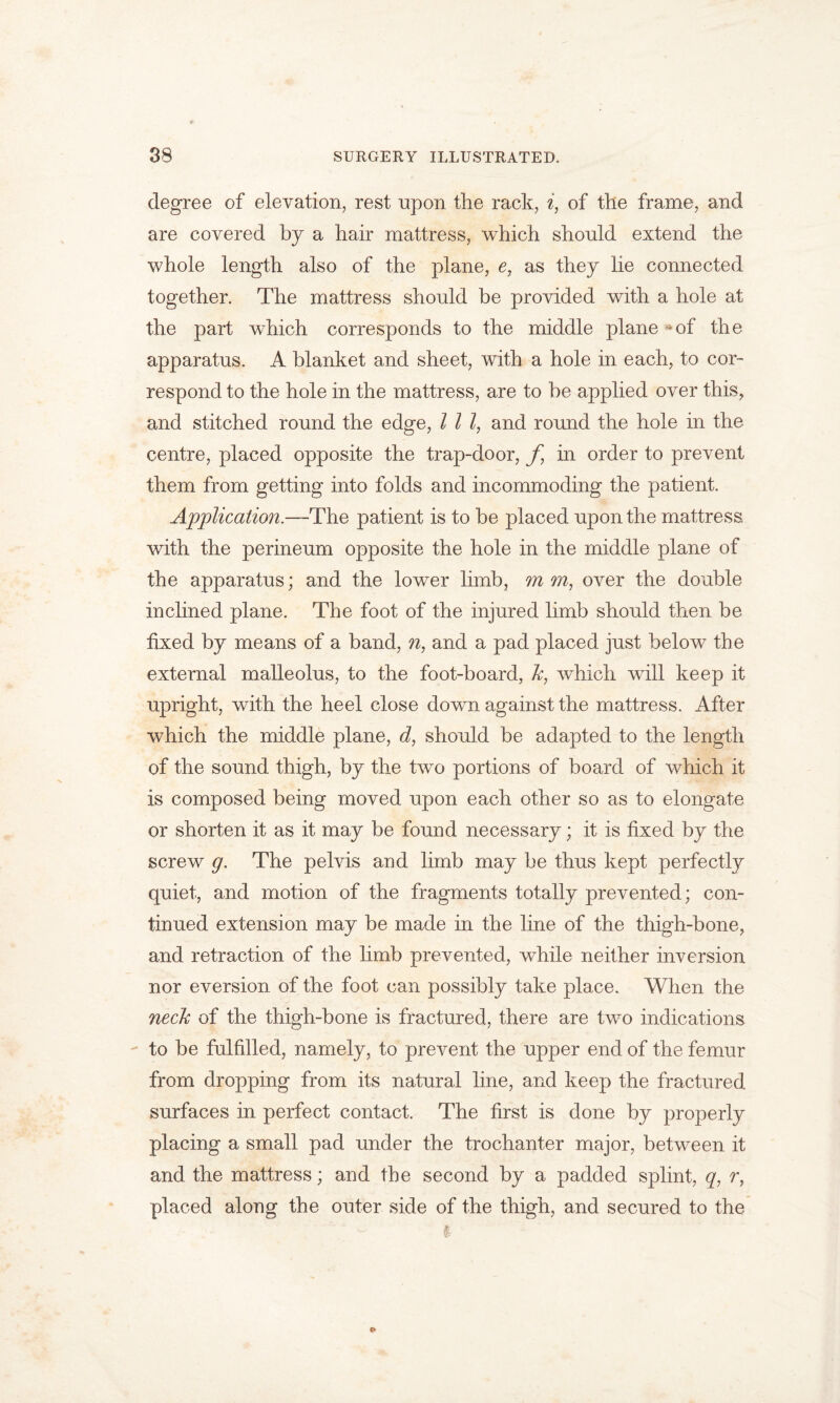 degree of elevation, rest upon the rack, i, of the frame, and are covered by a hair mattress, which should extend the whole length also of the plane, e, as they lie connected together. The mattress should be provided with a hole at the part which corresponds to the middle plane - of the apparatus. A blanket and sheet, with a hole in each, to cor- respond to the hole in the mattress, are to be applied over this, and stitched round the edge, III, and round the hole in the centre, placed opposite the trap-door, f in order to prevent them from getting into folds and incommoding the patient. Application.—The patient is to be placed upon the mattress with the perineum opposite the hole in the middle plane of the apparatus; and the lower limb, mm, over the double inclined plane. The foot of the injured limb should then be fixed by means of a band, n, and a pad placed just below the external malleolus, to the foot-board, k, which will keep it upright, with the heel close down against the mattress. After which the middle plane, d, should be adapted to the length of the sound thigh, by the two portions of board of which it is composed being moved upon each other so as to elongate or shorten it as it may be found necessary; it is fixed by the screw g. The pelvis and limb may be thus kept perfectly quiet, and motion of the fragments totally prevented; con- tinued extension may be made in the line of the thigh-bone, and retraction of the limb prevented, while neither inversion nor eversion of the foot can possibly take place. When the neck of the thigh-bone is fractured, there are two indications to be fulfilled, namely, to prevent the upper end of the femur from dropping from its natural line, and keep the fractured surfaces in perfect contact. The first is done by properly placing a small pad under the trochanter major, between it and the mattress; and the second by a padded splint, q, r, placed along the outer side of the thigh, and secured to the