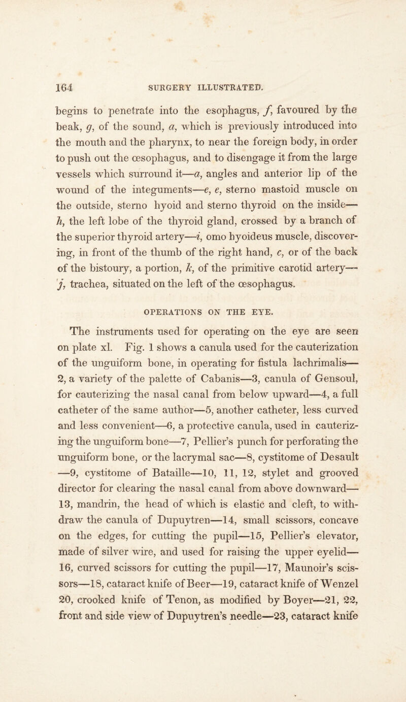 begins to penetrate into the esophagus, f, favoured by the beak, g, of the sound, a, which is previously introduced into the mouth and the pharynx, to near the foreign body, in order to push out the oesophagus, and to disengage it from the large vessels which surround it—a, angles and anterior lip of the wound of the integuments—e, e, sterno mastoid muscle on the outside, sterno hyoid and sterno thyroid on the inside— h, the left lobe of the thyroid gland, crossed by a branch of the superior thyroid artery—i, omo hyoideus muscle, discover- ing, in front of the thumb of the right hand, c, or of the back of the bistoury, a portion, It, of the primitive carotid artery—* j7 trachea, situated on the left of the oesophagus. OPERATIONS ON THE EYE. The instruments used for operating on the eye are seen on plate xl. Fig. 1 shows a canula used for the cauterization of the unguiform bone, in operating for fistula lachrimalis— 2, a variety of the palette of Cabanis—3, canula of Gensoul, for cauterizing the nasal canal from below upward—4, a full catheter of the same author—5, another catheter, less curved and less convenient—6, a protective canula, used in cauteriz- ing the unguiform bone—7, Pellier’s punch for perforating the unguiform bone, or the lacrymal sac—8, cystitome of Desault —9, cystitome of Bataille—10, 11, 12, stylet and grooved director for clearing the nasal canal from above downward— 13, mandrin, the head of which is elastic and cleft, to with- draw the canula of Dupuytren—14, small scissors, concave on the edges, for cutting the pupil—15, Pellier’s elevator, made of silver wire, and used for raising the upper eyelid— 16, curved scissors for cutting the pupil—17, Maunoir’s scis- sors—18, cataract knife of Beer—19, cataract knife of Wenzel 20, crooked knife of Tenon, as modified by Boyer—21, 22, front and side view of Dupuytren’s needle—23, cataract knife