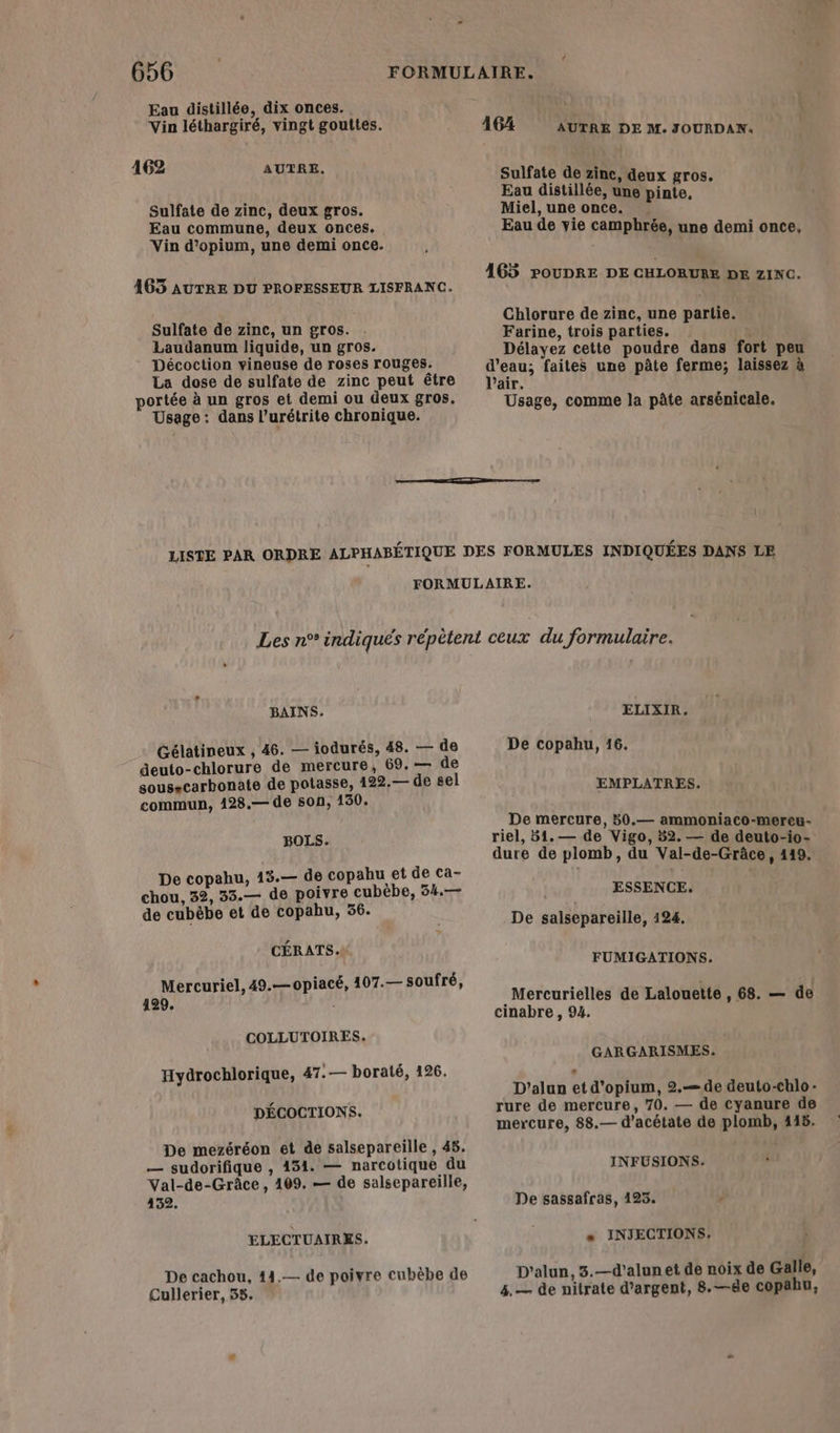 Eau distillée, dix onces.. Vin léthargiré, vingt gouttes. 162 AUTRE. Sulfate de zinc, deux gros. Eau commune, deux onces. Vin d’opium, une demi once. 463 AUTRE DU PROFESSEUR LISFRANC. Sulfate de zinc, un gros. Laudanum liquide, un gros. Décoction vineuse de roses rouges. La dose de sulfate de zinc peut être portée à un gros et demi ou deux gros. Usage: dans l’urétrite chronique. 464 AUTRE DE M. JOURDAN:. Sulfate de zinc, deux gros. Eau distillée, une pinte, Miel, une once. Eau de vie campbhrée, une demi once, 165 POUDRE DE CHLORURE DE ZINC. Chlorure de zinc, une partie. Farine, trois parties. 3 Délayez cette poudre dans fort peu que faites une pâte ferme; laissez à ’air. Usage, comme la pâte arsénicale. BAINS. Gélatineux , 46. — iodurés, 48. — de deuto-chlorure de mercure, 69. — de sousscarbonate de potasse, 122, — de sel commun, 128.— de son, 130. BOLS. De copahu, 15.— de copahu et de ca- chou, 32, 35.— de poivre cubèbe, 54.— de cubèbe et de copabu, 56. CÉRATS. Mercuriel, 49.—opiacé, 107.— soufré, 429. COLLUTOIRES. Hydrochlorique, 47.— boraté, 126. DÉCOCTIONS. De mezéréon et de salsepareille , 45. — sudorifique , 431. — narcotique du Val-de-Grâce , 109. — de salsepareille, 432. ELECTUAIRES. De cachou, 14,— de poivre cubèbe de Cullerier, 35. ELIXIR. De copahu, 16. EMPLATRES. .De mercure, 50.— ammoniaco-merceu- riel, 51. — de Vigo, 52. — de deuto-io- dure de plomb, du Val-de-Grâce, 149. ESSENCE. De salsepareille, 124. FUMIGATIONS. .Mercurielles de Lalouette , 68. — de cinabre , 94. GARGARISMES. D'’alun et d'opium, 2.—de deuto-chlo:- rure de mercure, 70. — de cyanure de mercure, 88.— d'acétate de plomb, 415. INFUSIONS. De sassafras, 125. « INJECTIONS. D'alun, 3.—d’alunet de noix de Gaille, 4.— de nitrate d'argent, 8.—de copaku,