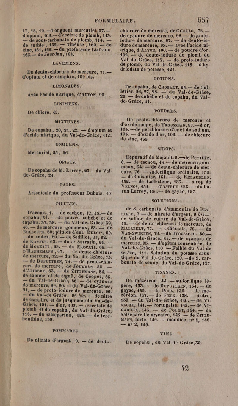 17, 18, 19.—d’onguent mercuriel, 57.— d’opium, 108.— d’acétate de plomb, 113. — de sous-carbonate de plomb, 144. — de tuchie , 159. — vineuse , 460. — de zinc, 461, 462. — du professeur Lisfranc, 163.— de Jourdan, 164. LAVEMENS. De deuto-chlorure de mercure, 71.— d’opium et de camphre, 109 bis. LIMONADES. Avec l’acide nitrique, d'ALYON, 99 LINIMENS. De chlore, 42. MIXTURES. De copahu , 20, 21, 22. — d’opium et d’acide nitrique, du Val-de-Grâce, 112. ONGUENS. Mercuriel, 55, 56. OPIATS. De copahu de M. Larrey, 23.—du Val- de-Grâce, 24, | PATES. _ Arsenicale du professeur Dubois, 10. : . PILULES. D’aconit, 1.— de cachou, 12, 13.— de copahu, 31. — de poivre cubèbe et de copahu. 37, 38. — du Val-de-Grâce, 39, BELLOSTE, 58; pilules d’ant. DuBois, 89. —du codex, 60. — de Sedillot, 61, 62.— de KAYSER, 65. — du dr Sarrasin, 64. — de MoETTI , 65, — de MoscaTr, 66. — D'HANHEMANN , 67. — de deuto-chlorure de mercure, 72:— du Yal-de-Grâce, 73. — de DUPUYTREN, 74.— de proto-chlo- rure de mercure , de JOURDAN , 82 — d’ALIBERT, 83. — de ZITTEMANN, 84. — de calomel et de ciguë, de Cooper, 85. — du Val-de-Grâce, 86. de cyanure de mercure, 89, 90. — du Val- de-Grâce, 914, — de proto-iodure de mercure, 96. — du Val-de Grâce, 96 bis. — de nitre de camphre et de jusquiame du Val-de- Grâce, 401.— d’or, 103. — d’acétate de plomb et de copahu , du Val-de-Grâce, 116, — de Salseparine, 125. — de téré- benthine, 158. POMMADES. De nitrate d'argent ; 9. — de deutc- 657 chlorure de mercure, de CrRILLO, 75.— de cyanure de mercure, 92.— de proto- iodure de mercure, 97. — de deuto-io- dure de mercure, 98.— avec l'acide ni- trique, d’ALYON, 100. — de poudre d’or, 502. — de deuto-iodure de plomb du Val-de-Grâce, 117. — de proto-iodure de plomb, du Val-de-Grâce. 118.—d'hy- driodate de potasse, 121. POTIONS. De côpahu, de CHOPART, 25.— de Cul- lerier, 26,27, 28. —— du Val-de-Grâce, 29. — de tubébe et de copahu, du Val- de-Grâce, 41. d POUDRES. De proto-chlorure de mercure et d'oxide rouge, de TROUSSEAU, 87.—d’or, 104. —de perchlorare d’or et de sodium, 105. — d’oxide d’or, 106. — de chlo'ure de zinc, 165. SIROPS: Dépuratif de Majault.8,—de Peyrille, 6. — de cachou, 14.— de mercure gom- meux, 54. — de deuto-chlorure de mer- cure, 76. — sudorifique ordinaire, 150. — de Cuisinier, 181. — de KERAUDREN, 152. — de Laffecteur, 153. — sirop de VELNOS, 1454. — d'ASTRUC, 455. — du ba- ron Larrey, 156.— de gayac, 157. SOLUTIONS. de S. carbonate d’ammoniac de PEy- RILLE, 7.— de nitrate d'argent, 9 Dis.— de sulfate de cuivre du Val-de-Grâce, 45. — de deuto-chlorure de mercure, de MALAPERT, 77, — Officinale, 78. — de VAN-SWIETEN, 79.—de Trousseau. 80.— du Val-de-Grâce, 81. — de cyanure de mercure, 95. — d’opium concentrée, du Val-de- Grâce, 110. — Faible du Val-de Grâce, 111. Solution de potasse caus- tique du Val-de-Grâce, 120.—de S. car- bonate de soude, du Val-de-Grâce, 127. TISANES. : De. mézéréon , 44, — sudorifique lé- gère, 133. — de DUPUYTREN, 134. — de gayac, 135. — de. POoLL, 1456. — de mé- zéréon, 137. — de FELZ, 138. — Autre, 139. — du Val-de-Grâce, 140.— de Vr- NACHE, 141.— Portugaise: 442.— de Vi-- GAROUX, 145. — de POLINI, 444. — de Salsepareille arséniée, 145. — de ZITTE- MANN, forte, 146. — modifiée, n° 4, 148. — n° 2, 449. VINS. De copahu , du Val-de-Grâce,30.