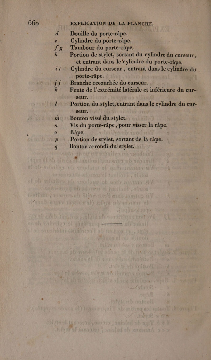 ti YU -9, S S: Douille du porte-râpe. Cylindre du porte-râpe. Tambour du porte-râpe. Portion de stylet, sortant du cylindre du curseur, et entrant dans le’cylindre du porte-râpe. Cylindre du curseur , entrant dans le cylindre du _ porte-râpe. Branche recourbée du curseur. Fente de l’extrémité latérale et inférieure du cur- “seur. Portion du stylet, entrant dans le cylindre du cur- seur. Bouton vissé du stylet. Vis du porte-râpe, pour visser la râpe. Räpe. Ù | Portion de stylet, sortant de la râpe. Bouton arrondi du stylet. Li