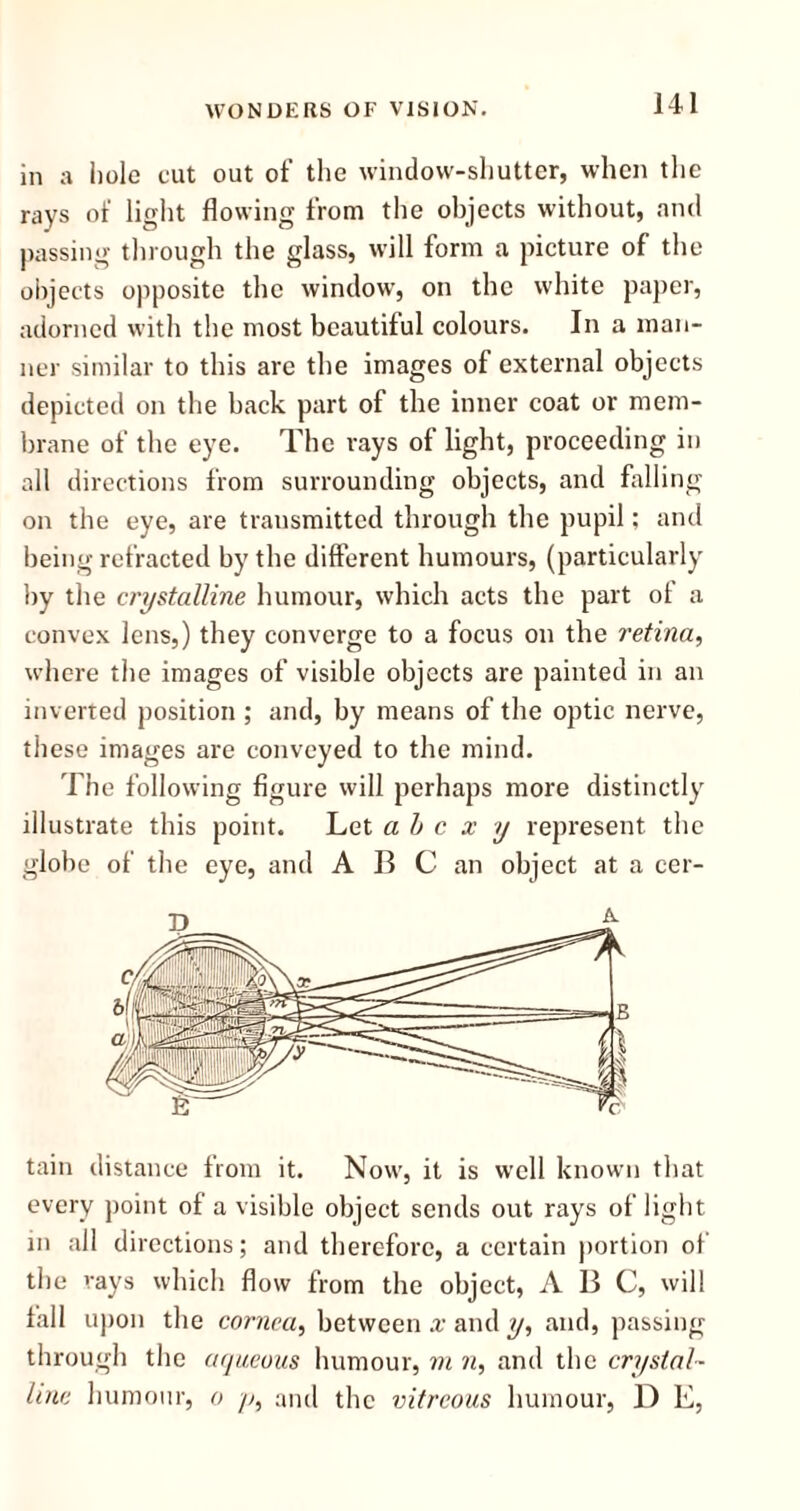 in a hole cut out of the window-shutter, when the rays of light flowing from the objects without, and passing through the glass, will form a picture of the objects opposite the window, on the white paper, adorned with the most beautiful colours. In a man- ner similar to this are the images of external objects depicted on the back part of the inner coat or mem- brane of the eye. The rays of light, proceeding in all directions from surrounding objects, and falling on the eye, are transmitted through the pupil; and being refracted by the different humours, (particularly by the crystalline humour, which acts the part of a convex lens,) they converge to a focus on the retina, where the images of visible objects are painted in an inverted position; and, by means of the optic nerve, these images are conveyed to the mind. The following figure will perhaps more distinctly illustrate this point. Let ab c x y represent the globe of the eye, and A 13 C an object at a cer- tain distance from it. Now, it is well known that every point of a visible object sends out rays of light m all directions; and therefore, a certain portion of the rays which flow from the object, ABC, will fall upon the cornea, between x and y, and, passing through the aqueous humour, m n, and the crystal- line humour, o y, and the vitreous humour, D E,