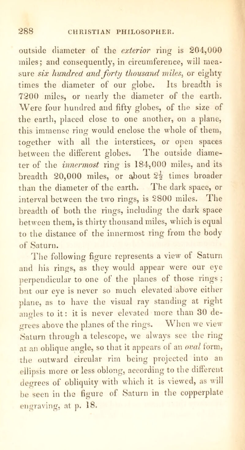 outside diameter of the exterior ring is 204,000 miles; and consequently, in circumference, will mea- sure six hundred and forty thousand miles, or eighty times the diameter of our globe. Its breadth is 7200 miles, or nearly the diameter of the earth. Were four hundred and fifty globes, of the size of the earth, placed close to one another, on a plane, this immense ring would enclose the whole of them, together with all the interstices, or open spaces between the different globes. The outside diame- ter of the innermost ring is 184,000 miles, and its breadth 20,000 miles, or about 2i times broader than the diameter of the earth. The dark space, or interval between the two rings, is 2800 miles. Ihe breadth of both the rings, including the dark space between them, is thirty thousand miles, which is equal to the distance of the innermost ring from the body of Saturn. The following figure represents a view of Saturn and his rings, as they would appear were our eye perpendicular to one of the planes of those rings : but our eye is never so much elevated above either plane, as to have the visual ray standing at right anoles to it: it is never elevated more than 30 de- grees above the planes of the rings. W hen we view Saturn through a telescope, we always see the ring at an oblique angle, so that it appears of an oval form, the outward circular rim being projected into an ellipsis more or less oblong, according to the different degrees of obliquity with which it is viewed, as will be seen in the figure of Saturn in the copperplate engraving, at p. 18.