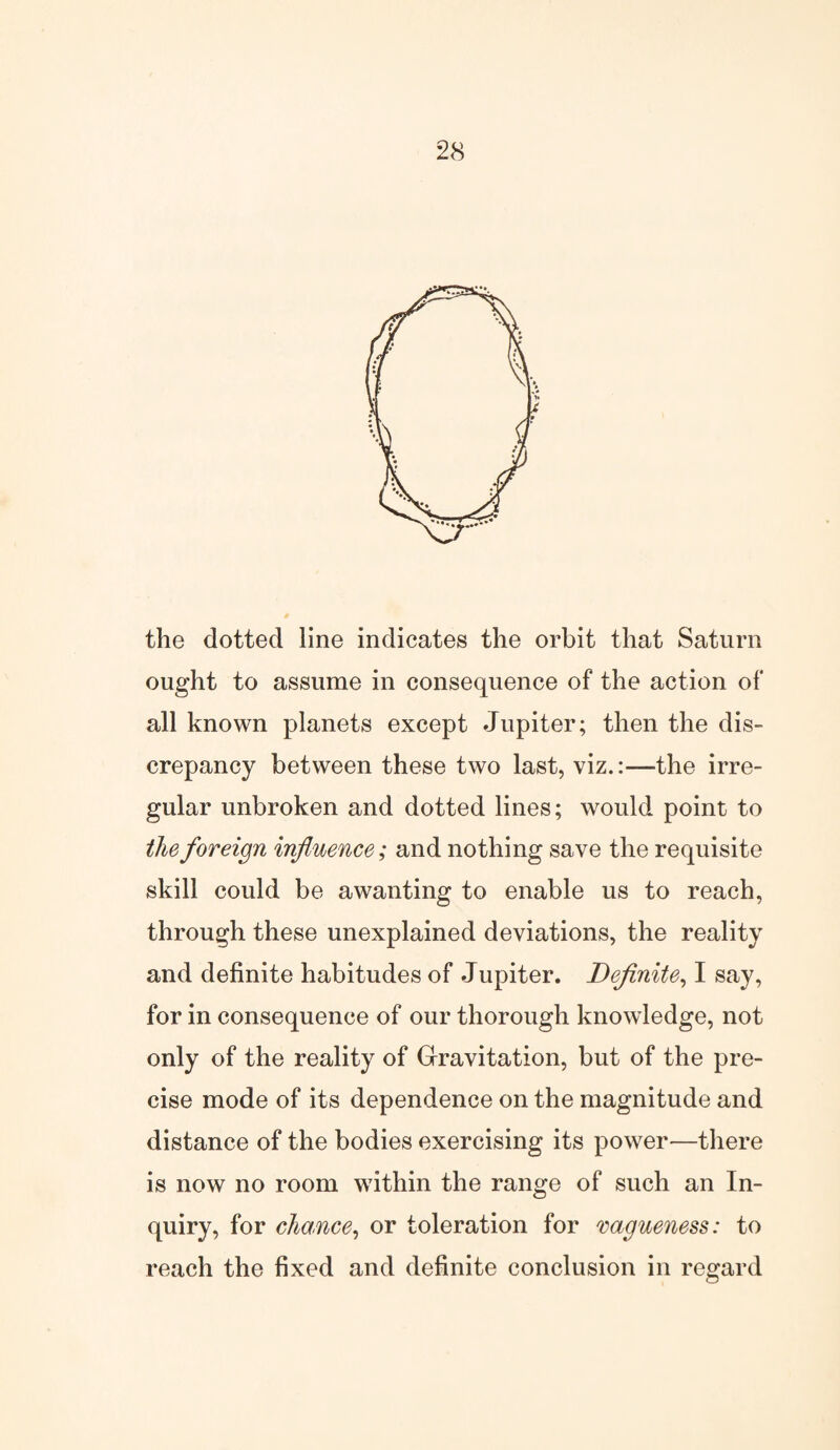 the dotted line indicates the orbit that Saturn ought to assume in consequence of the action of all known planets except Jupiter; then the dis¬ crepancy between these two last, viz.:—the irre¬ gular unbroken and dotted lines; would point to the foreign influence; and nothing save the requisite skill could be awanting to enable us to reach, through these unexplained deviations, the reality and definite habitudes of Jupiter. Definite, I say, for in consequence of our thorough knowledge, not only of the reality of Gravitation, but of the pre¬ cise mode of its dependence on the magnitude and distance of the bodies exercising its power—there is now no room within the range of such an In¬ quiry, for chance, or toleration for vagueness: to reach the fixed and definite conclusion in regard