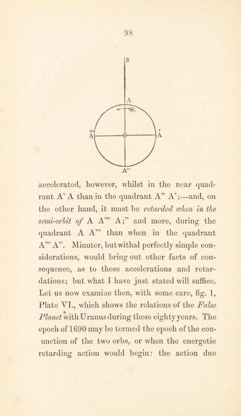 93 accelerated, however, whilst in the near quad¬ rant A A than in the quadrant A” A’;—and, on the other hand, it must be retarded when in the semi-orbit of A A'” Af and more, during the quadrant A A’ni than when in the quadrant A”1 A”. Minuter, but withal perfectly simple con¬ siderations, would bring out other facts of con¬ sequence, as to these accelerations and retar¬ dations; but what I have just stated will suffice. Let us now examine then, with some care, fig. 1, Plate VI., which shows the relations of the False Planet with Uranus during these eighty years. The epoch of 1690 may be termed the epoch of the con- unction of the two orbs, or when the energetic retarding action would begin: the action due