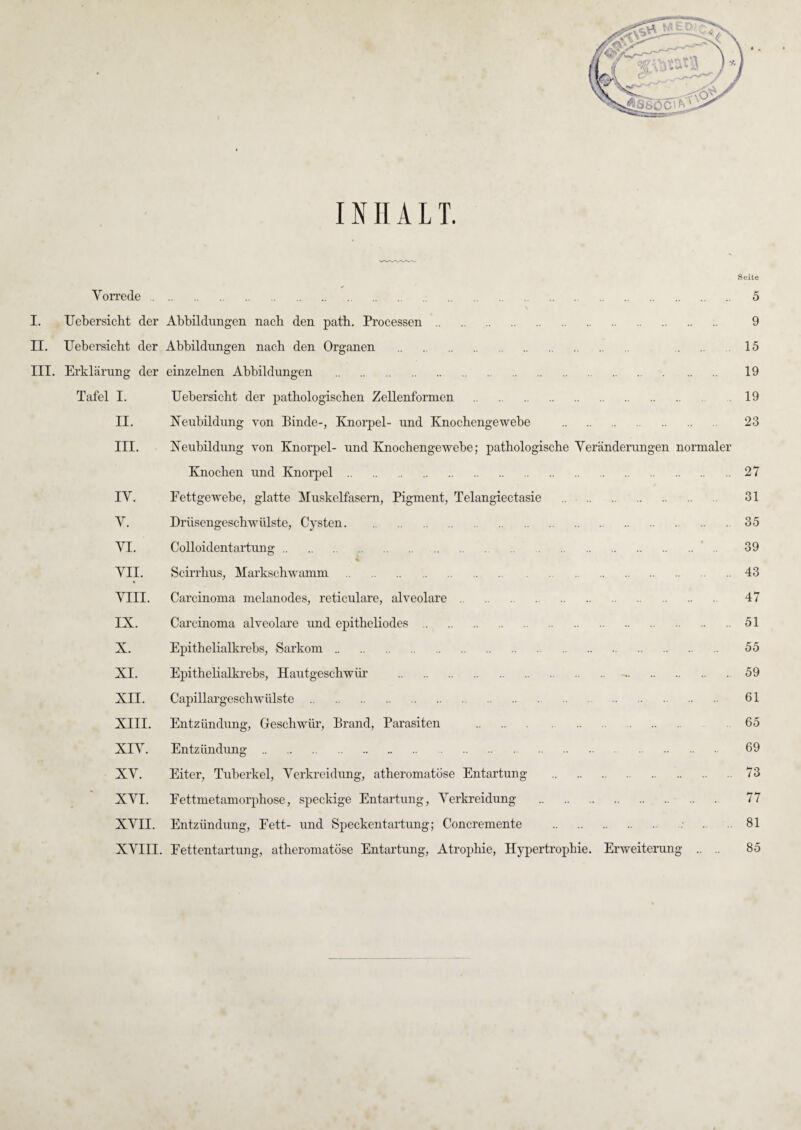 INHALT. Seite Vorrede. . 5 I. Uebersicht der Abbildungen nach den path. Processen. 9 II. Uebersicht der Abbildungen nach den Organen . 15 III. Erklärung der einzelnen Abbildungen . 19 Tafel I. Uebersicht der pathologischen Zellenformen . 19 II. Neubildung von Binde-, Knorpel- und Knochengewebe . 23 III. Neubildung von Knorpel- und Knochengewebe; pathologische Veränderungen normaler Knochen und Knorpel.27 IV. Fettgewebe, glatte Muskelfasern, Pigment, Telangiectasie . 31 V. Drüsengeschwülste, Cysten. 35 VL Colloidentartung. 39 % VII. Scirrlius, Markschwamm . 43 VIII. Carcinoma melanodes, reticulare, alveolare. 47 IX. Carcinoma alveolare und epitbeliodes.51 X. Epithelialkrebs, Sarkom. 55 XI. Epithelialkrebs, Hautgeschwür . 59 XII. Capillargeschwülste. 61 XIII. Entzündung, Geschwür, Brand, Parasiten . 65 XIV. Entzündung. 69 XV. Eiter, Tuberkel, Verkreidung, atheromatöse Entartung .73 XVI. Fettmetamorphose, speckige Entartung, Verkreidung . 77 XVII. Entzündung, Fett- und Speckentartung; Concremente . .81 XVIII. Fettentartung, atheromatöse Entartung, Atrophie, Hypertrophie. Erweiterung .. .. 85