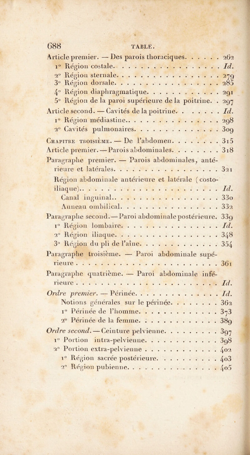 Article premier. —Des parois thoraciques 262 i° Région costale. Id. 2° Région sternale 279 3° Région dorsale 280 4° Région diaphragmatique 291 5° Région de la paroi supérieure de la poitrine. . 297 Article second. — Cavités de la poitrine Id. i° Région médiastine 298 20 Cavités pulmonaires 309 Chapitre troisième. — De l’abdomen 3i5 Article premier. — Parois abdominales 318 Paragraphe premier. — Parois abdominales; anté- rieure et latérales 321 Région abdominale antérieure et latérale ( costo- iliaque) Id. Canal inguinal 33o Anneau ombilical 332 Paragraphe second. — Paroi abdominale postérieure. 33q i° Région lombaire Id. 2° Région iliaque 348 3° Région du pli de Faîne 354 Paragraphe troisième. — Paroi abdominale supé- rieure 361 Paragraphe quatrième. — Paroi abdominale infé- rieure Id. Ordre premier. — Périnée Notions générales sur le périnée i° Périnée de l’homfne 2° Périnée de la femme Ordre second. — Ceinture pelvienne. i° Portion intra-pelvienne. . . . 20 Portion extra-pelvienne .... i° Région sacrée postérieure. . 2° Région pubienne . Id. . 362 . 373 • 38ç> • 397 • 398 . 402 . 4o3