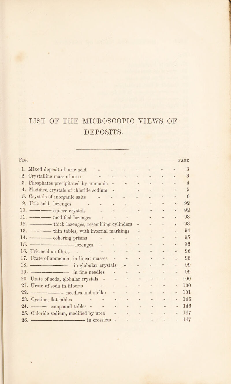 LIST OF THE MICROSCOPIC VIEWS OF DEPOSITS. Fig. page 1. Mixed deposit of uric acid - 2. Crystalline mass of urea - 8. Phosphates precipitated by ammonia - 4. Modified crystals of chloride sodium - 5. Crystals of inorganic salts - 9. Uric acid, lozenges - 10. square crystals - 11. — modified lozenges 12. thick lozenges, resembling cylinders f 3. thin tables, with internal markings 14. cohering prisms - 15. lozenges 16. Uric acid on fibres ----- 17. Urate of ammonia, in linear masses 18. in globular crystals 19. in fine needles 20. Urate of soda, globular crystals - 21. Urate of soda in filberts 22. needles and stellse 23. Cystine, flat tables - 24. compound tables - 25. Chloride sodium, modified by urea 26. in crosslets - 3 3 4 5 6 92 92 93 93 94 95 95 96 98 99 99 100 100 101 146 146 147 147