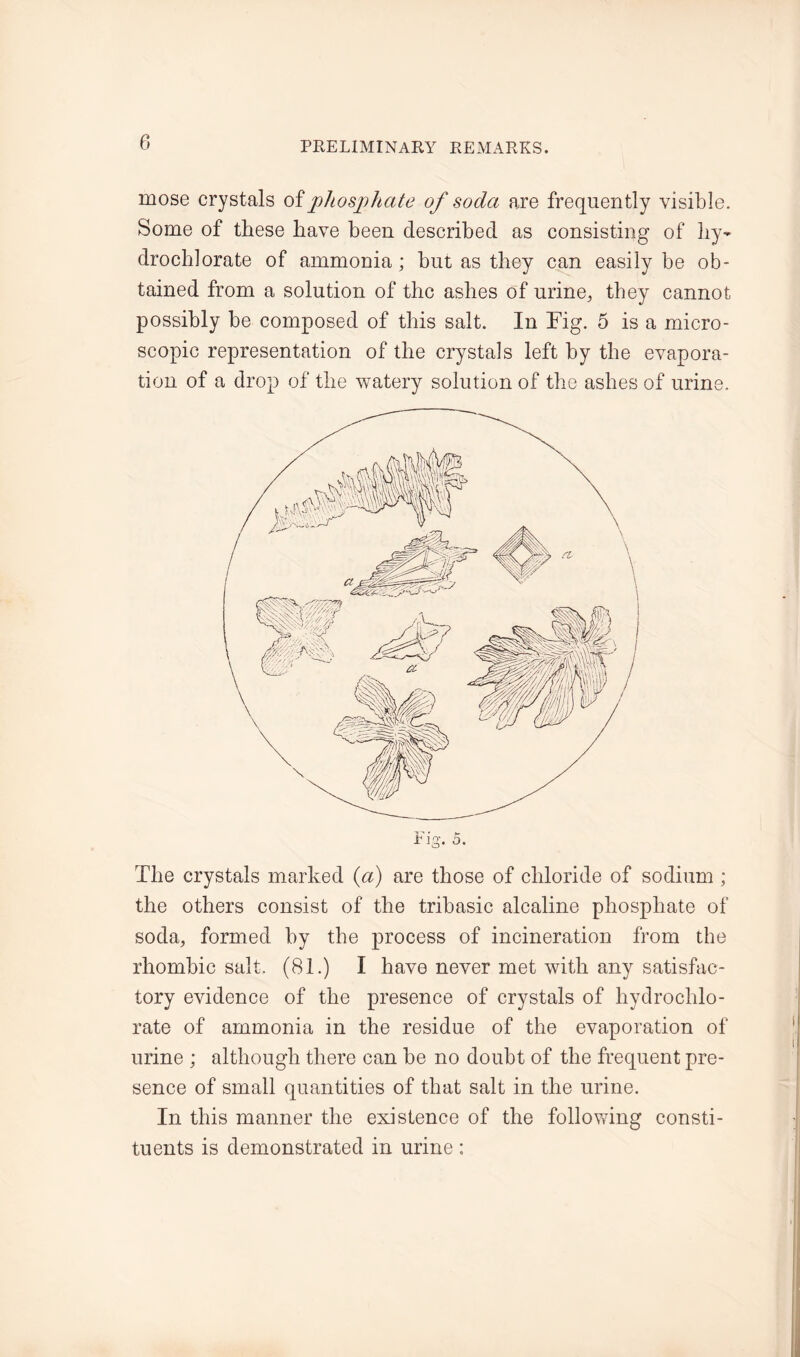 mose crystals of phosphate of soda are frequently visible. Some of these have been described as consisting of hy~ drochlorate of ammonia; but as they can easily be ob- tained from a solution of the ashes of urine, they cannot possibly be composed of this salt. In Fig. 5 is a micro- scopic representation of the crystals left by the evapora- tion of a drop of the watery solution of the ashes of urine. The crystals marked (a) are those of chloride of sodium ; the others consist of the tribasic alcaline phosphate of soda, formed by the process of incineration from the rhombic salt, (81.) I have never met with any satisfac- tory evidence of the presence of crystals of liydrochlo- rate of ammonia in the residue of the evaporation of urine ; although there can be no doubt of the frequent pre- sence of small quantities of that salt in the urine. In this manner the existence of the following consti- tuents is demonstrated in urine :