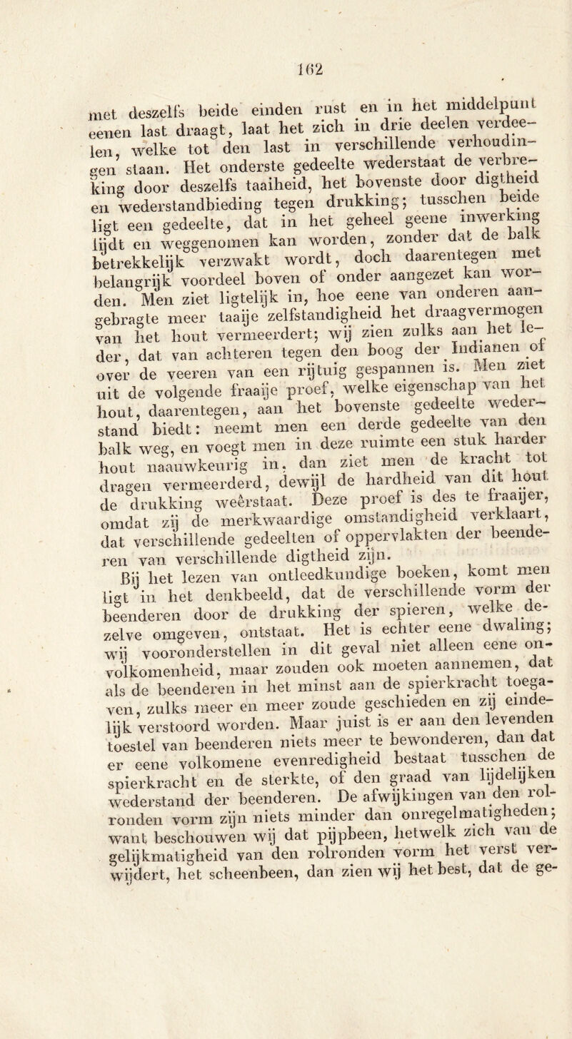 oenen last draagt, laat liet zich in drie deelen yerdee- len, welke tot den last in verschillende verhoudm- gen slaan. Het onderste gedeelte wederstaat de yprbre~ king door deszelfs taaiheid, het bovenste door digtheid en wederstandbieding tegen drukking; tusschen heide ligt een gedeelte, dat in het geheel geene mwer ing iiidt en weggenomen kan worden, zonder dat de hai& betrekkelijk verzwakt wordt, doch daarentegen me, belangrijk voordeel boven of onder aangezet kan wor den. Men ziet ligtelijk in, hoe eene van onderen aan- gebragte meer taaije zelfstandigheid het draagvermogen van het hout vermeerdert; wij zien zulks aan het le- der , dat van achteren tegen den boog der _ Indianen ot over de veeren van een rijtuig gespannen is. Men ziet uit de volgende fraaije proef, welke eigenschap van liet hout, daarentegen, aan het bovenste gedeelte wedei- stand biedt: neemt men een derde gedeelte van den balk weg, en voegt men in deze ruimte een stuk harder hout naauwkeurig in, dan ziet men de kracht to dragen vermeerderd, dewijl de hardheid van dit hou . de drukking weerstaat. Deze proef is des te fraaijer, omdat zij de merkwaardige omstandigheid verklaart, dat verschillende gedeelten of oppervlakten der beende- ren van verschillende digtheid zijn. Bij het lezen van ontleedkundige hoeken, komt men ligt in het denkbeeld, dat de verschillende voini ei beenderen door de drukking der spieren, welke de- zelve omgeven, ontstaat. Het is echter eene wa mg; wii vooronderstellen in dit geval niet alleen eene on- volkomenheid, maar zouden ook moéten aannemen, dat als de beenderen in het minst aan de spierkracht toega- ven zulks meer en meer zoude geschieden en zij einde lijk verstoord worden. Maar juist is er aan den levenden toestel van beenderen niets meer te bewonderen, dan dat er eene volkomene evenredigheid bestaat tusschen de spierkracht en de sterkte, of den graad van hjdelijken wederstand der beenderen. De afwijkingen van den rol- ronden vorm zijn niets minder dan onregelmatigheden, want beschouwen wij dat pijpbeen, hetwelk zie \an e gelijkmatigheid van den rolronden vorm het verst ver- wijdert, het scheenbeen, dan zien wij het best, dat de ge-