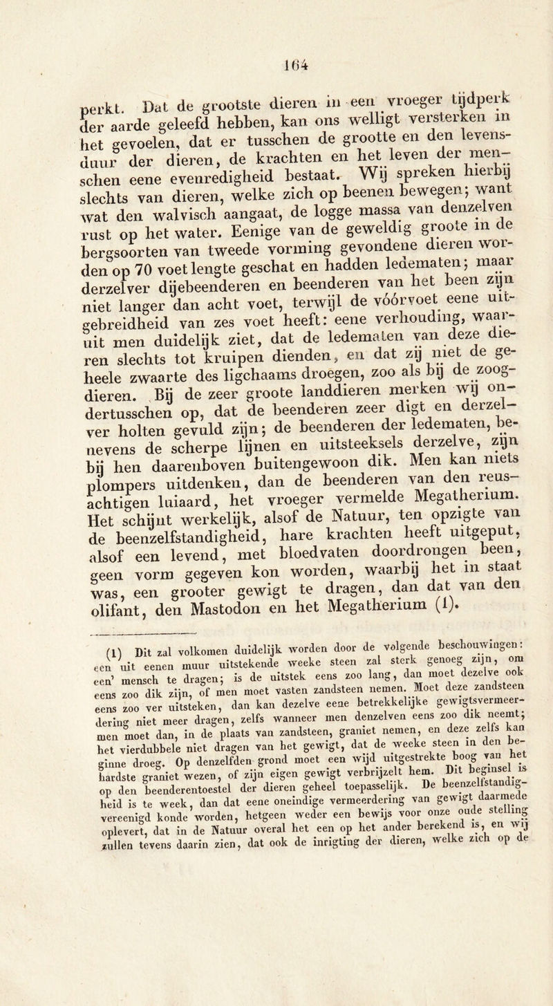 mei-kt. Dat de grootste dieren in een vroeger tijdperk der aarde geleefd hebben, kan ons welligt versterken in het gevoelen, dat er tusschen de grootte en den levens- duur der dieren, de krachten en het ieven der men _ schen eene evenredigheid bestaat. Wij spreken lueiby slechts van dieren, welke zich op beenen bewegen; want wat den walvisch aangaat, de logge massa van denzelven rust op het water. Eenige van de geweldig groo.e in de bergsoorten van tweede vorming gevondene dieren woi- den op 70 voet lengte geschat en hadden ledematen; maai derzelver diiebeenderen en beenderen van het been zijn niet langer dan acht voet, terwijl de voorvoet eene uit- gebreidheid van zes voet heeft: eene verhouding, waai- uit men duidelijk ziet, dat de ledemaLen van deze die- ren slechts tot kruipen dienden, en dat zij met de ge- heele zwaarte des ligchaams droegen, zoo als bij de zoog- dieren. Bij de zeer groote landdieren merken wij on- dertusschen op, dat de beenderen zeer digt en erze ver holten gevuld zijn; de beenderen der ledematen, be- nevens de scherpe lijnen en uitsteeksels derzelve, zijn bii hen daarenboven buitengewoon dik. Men kan niets plompers uitdenken, dan de beenderen van den reus- achtigen luiaard, het vroeger vermelde Megatherium. Het schijnt werkelijk, alsof de Natuur, ten opzigte van de beenzelfstandigheid, hare krachten heeft uitgeput, alsof een levend, met bloedvaten doordrongen been, geen vorm gegeven kon worden, waarbij het in staat was, een grooter gewigt te dragen, dan dat van den olifant, den Mastodon en het Megatherium (1). (11 DU zal volkomen duidelijk worden door de volgende beschouwingen: een uit eenen muur uitstekende weeke steen zal sterk genoeg zrjn, om een’ mensclr te dragen; is de uitstek eens zoo lang, dan moet dezelve ook eens zoo dik zijn, of men moet vasten zandsteen nemen. Moet deze zandsteen eens zoo ver uitsJeken, dan kan dezelve eene betrekkelijke gewigtsvermeer- dering niet meer dragen, zelfs wanneer men denzelven eens zoo dik neemt, men moet dan, in de plaats van zandsteen, graniet nemen, en deze zelfs kan het vierdubbele niet dragen van het gewigt, dat de weeke steen in den b - ginne droeg. Op denzelfden grond moet een wijd mtgestrekte boog rtm het hardste graniet wezen, of zijn eigen gewigt verbrijzelt hem. Dit beginsel is op den beenderentoestel der dieren geheel toepasselijk. De beenzel s »- beid is te week, dan dat eene oneindige vermeerdering van gewigt daarme e vereenigd konde worden, hetgeen weder een bewijs voor onze oude s e mg oplevert, dat in de Natuur overal bet een op het ander berekend is, en wij zullen tevens daarin zien, dat ook de inrigting der dieren, welke zich op de