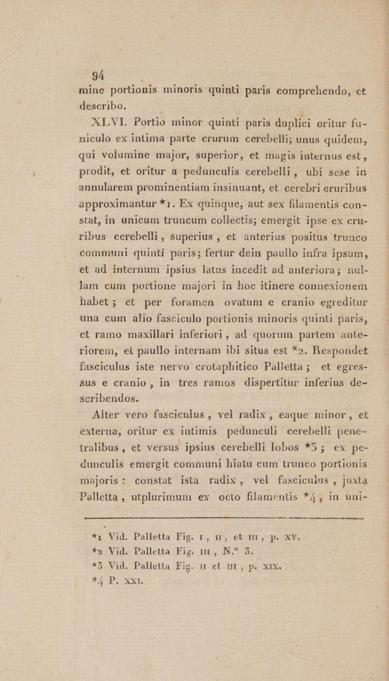 mine portionis minoris quinti paris comprehendo, ct describo. | XLVI. Portio minor quinti paris duplici oritur fu- niculo ex intima parte crurum cerebelli; unus quidem, qui volumine major, superior, et magis internus est, prodit, et oritur a pedunculis cerebelli, ubi sese in annularem prominentiam insinuant, et cerebri cruribus approximantur *r. Ex quinque, aut sex filamentis con- stat, in unicum truncum collectis; emergit ipse ex cru- ribus cerebelli, superius , et anterius positus trunco communi quinti paris; fertur dein paullo infra ipsum, et ad internum ipsius latus incedit ad anteriora; nul- lam cum portione majori in hoc itinere connexionem habet; et per foramen ovatum e cranio egreditur una cum alio fasciculo portionis minoris quinti paris, et ramo maxillari inferiori, ad quorum partem ante- riorem, et paullo internam ibi situs est *o. Respondet fasciculus iste nervo crotaphitico Palletta; et egres- sus e cranio, in tres ramos dispertitur inferius de-- scribendos. | Alter vero fasciculus , vel radix , eaque minor, et externa, oritur ex intimis pedunculi cerebelli pene- tralibus , et versus ipsius cerebelli lobos *5; ex pe- dunculis emergit communi hiatu cum trunco portionis majoris: constat ista radix, vel fasciculus , juxta Palletta , utplurimum ex octo filamentis *4, in uni- *1 Vid. Palletta Fig. r, m, et ur, p. Xv. *ovV3d. Palletta Eig: rip, IN.5:329 4 *5 Vid. Palletta Fig. n et ur, p. xix, UE ESSO |