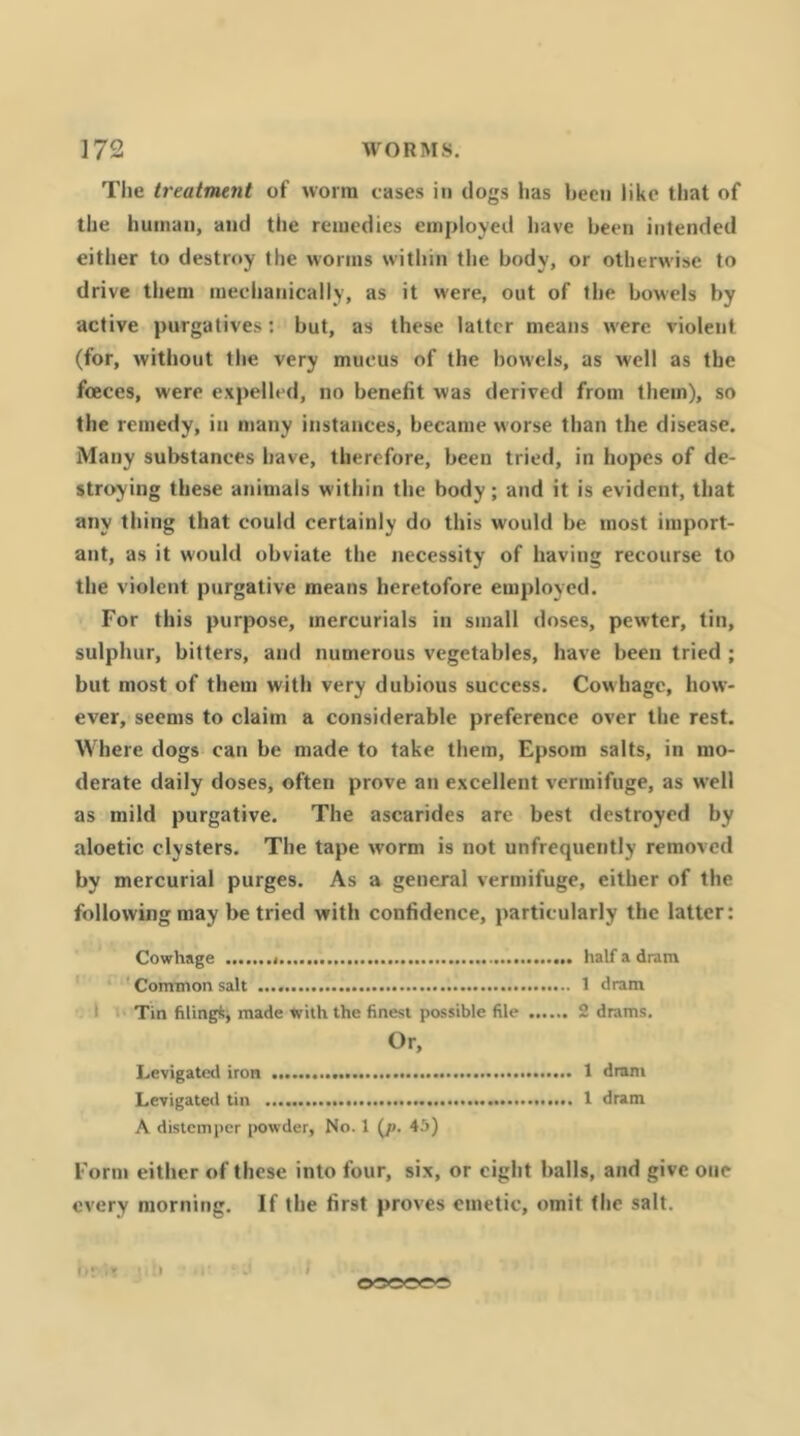 The treatment of worm cases in dogs has been like that of the human, and the remedies employed have been intended either to destroy the worms within the body, or otherwise to drive them mechanically, as it were, out of the bowels by active purgatives: but, as these latter means were violent (for, without the very mucus of the howels, as well as the foeces, were expelled, no benefit was derived from them), so the remedy, in many instances, became worse than the disease. Many substances have, therefore, been tried, in hopes of de- stroying these animals within the body; and it is evident, that any thing that could certainly do this would be most import- ant, as it would obviate the necessity of having recourse to the violent purgative means heretofore employed. For this purpose, mercurials in small doses, pewter, tin, sulphur, bitters, and numerous vegetables, have been tried ; but most of them with very dubious success. Cowhage, how- ever, seems to claim a considerable preference over the rest. Where dogs can be made to take them, Epsom salts, in mo- derate daily doses, often prove an excellent vermifuge, as well as mild purgative. The ascarides are best destroyed by aloetic clysters. The tape worm is not unfrequently removed by mercurial purges. As a general vermifuge, either of the following may be tried with confidence, particularly the latter: Cowhage half a dram ' Common salt 1 dram 1 Tin hling^i made with the finest possible file 2 drams. Or, Levigated iron 1 dram Levigated tin 1 dram A distemper powder, No. 1 (/>. 45) Form either of these into four, six, or eight balls, and give one every morning. If the first proves emetic, omit the salt. ii; • :t / oooceo