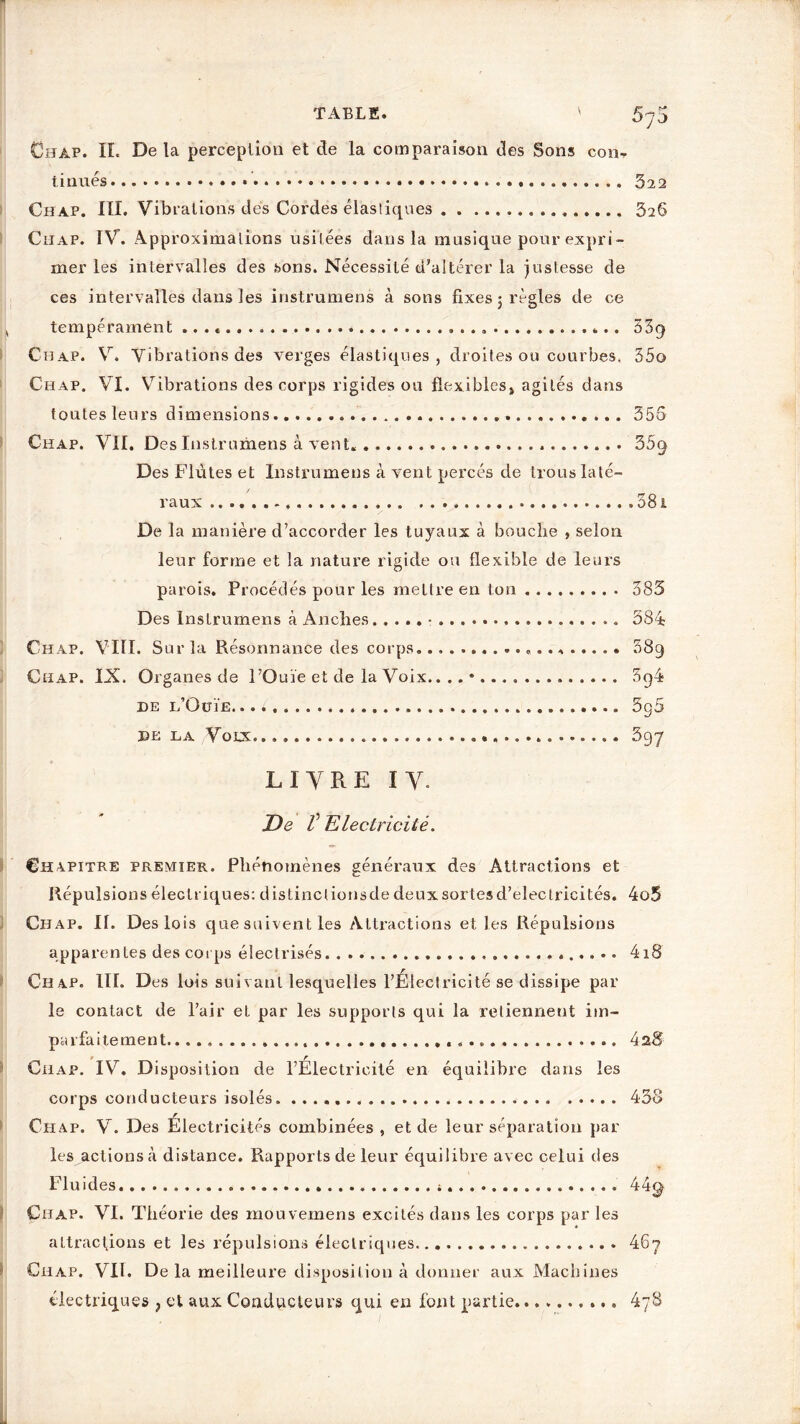 Chap. IL Delà perception et de la comparaison des Sons cou. tinués 522 Chap. III. Vibrations des Cordes élasliques 526 Ciiap. IV. Approximations usitées dans la musique pour expri- mer les intervalles des sons. Nécessité d’altérer la justesse de ces intervalles dans les instrument à sons fixes j règles de ce n tempérament 53g Chap. V. Vibrations des verges élastiques, droites ou courbes, 35o Chap. VI. Vibrations des corps rigides ou flexibles» agités dans toutes leurs dimensions 555 Chap. VII. Des Instrumens à vent. 55g Des Flûtes et Instrumens à vent percés de trous laté- raux 381 De la manière d’accorder les tuyaux à bouche , selon leur forme et la nature rigide ou flexible de leurs parois. Procédés pour les mettre en ton 385 Des Instrumens à Anches 584 Chap. VIII. Sur la Résonnance des corps. 089 Chap. IX. Organes de l’Ouïe et de la Voix.... • 3g4 de l’Ouïe. 5g5 de la Voix 597 LITRE IV. De V Electricité. Chapitre premier. Phénomènes généraux des Attractions et Répulsions électriques: distinct ions de deux sortes d’electrici tés. 4o5 Chap. II. Des lois que suivent les Attractions et les Répulsions apparentes des corps électrisés 4i8 Ch 4P. III. Des lois suivant lesquelles l’Electricité se dissipe par le contact de l’air et par les supports qui la retiennent im- parfaitement. » 4 2B Chap. IV. Disposition de l’Electricité en équilibre dans les corps conducteurs isolés 458 Chap. V. Des Electricités combinées , et de leur séparation par les actions à distance. Rapports de leur équilibre avec celui des Fluides Chap. VI. Théorie des mouvemens excités dans les corps par les attractions et les répulsions électriques Chap. VII. De la meilleure disposition à donner aux Machines électriques , et aux Conducteurs qui en font partie 467 4yS